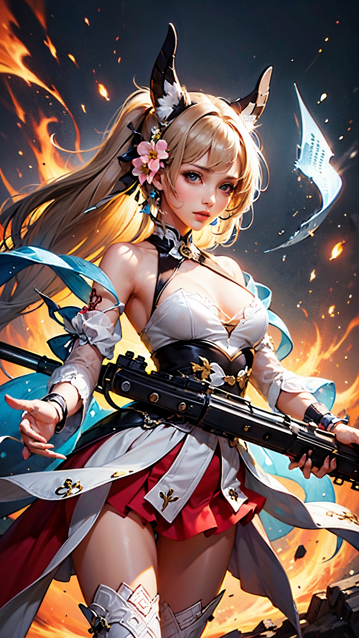 High definition image of a seductive female fire qilin with sexy long legs and flower arms holding a Gatling cannon firing --auto --s2