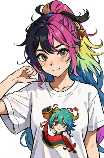 masterpiece, best quality, girl with rainbow hair, really wild hair,, t-shirt with chinese dragon drawn
