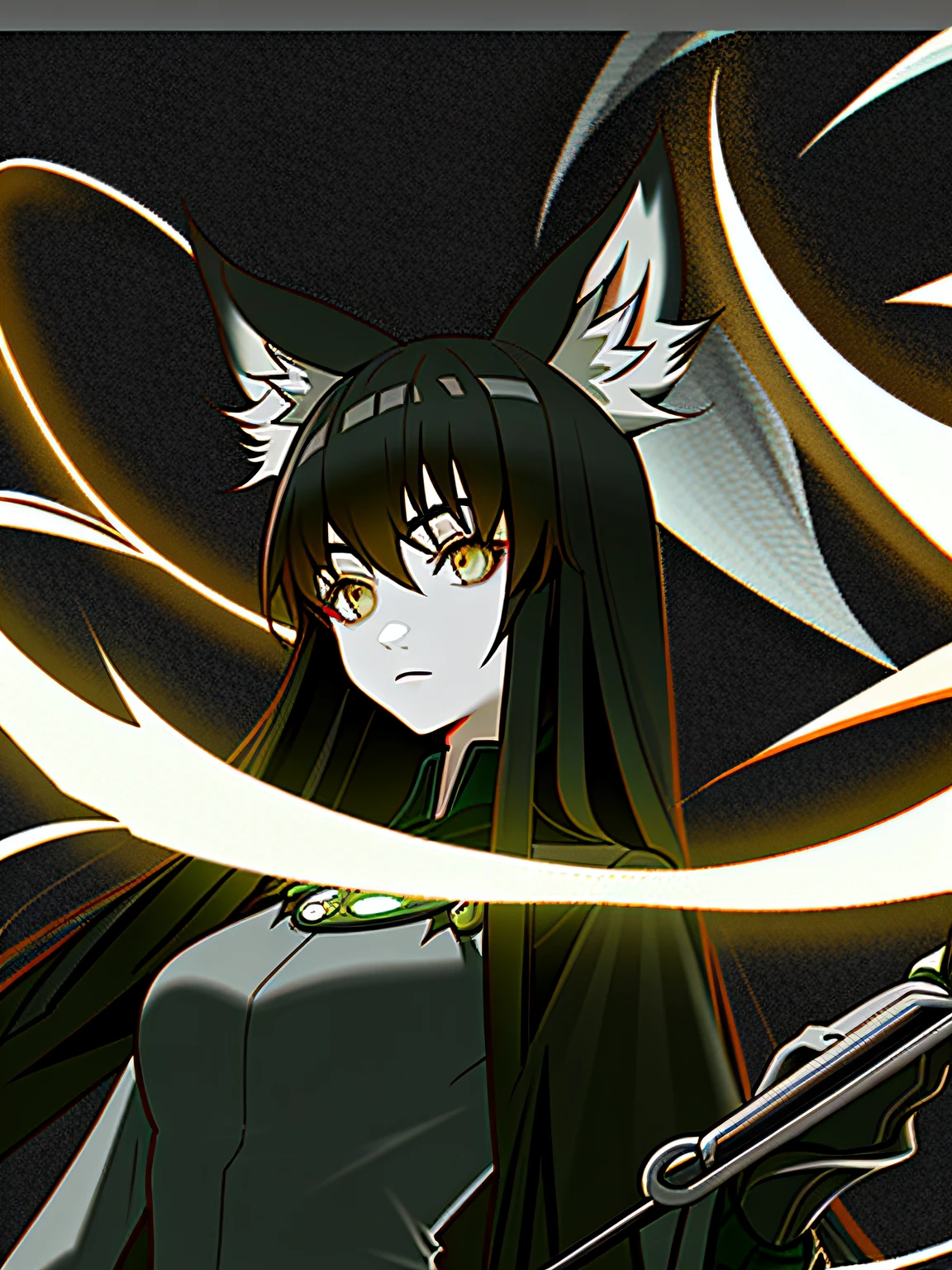 (dark dark fantasy), ((hopeless gloomy fox girl)), Animal eyes, triangle tattoos on cheeks, brown hair, Long hair, closed long clothes, long sleeves, (holding a long steel naginata), holding steel chris, decorations and gadgets made from thorns, Phantom Lights, ghost fire, Forest Thicket, Cold lighting