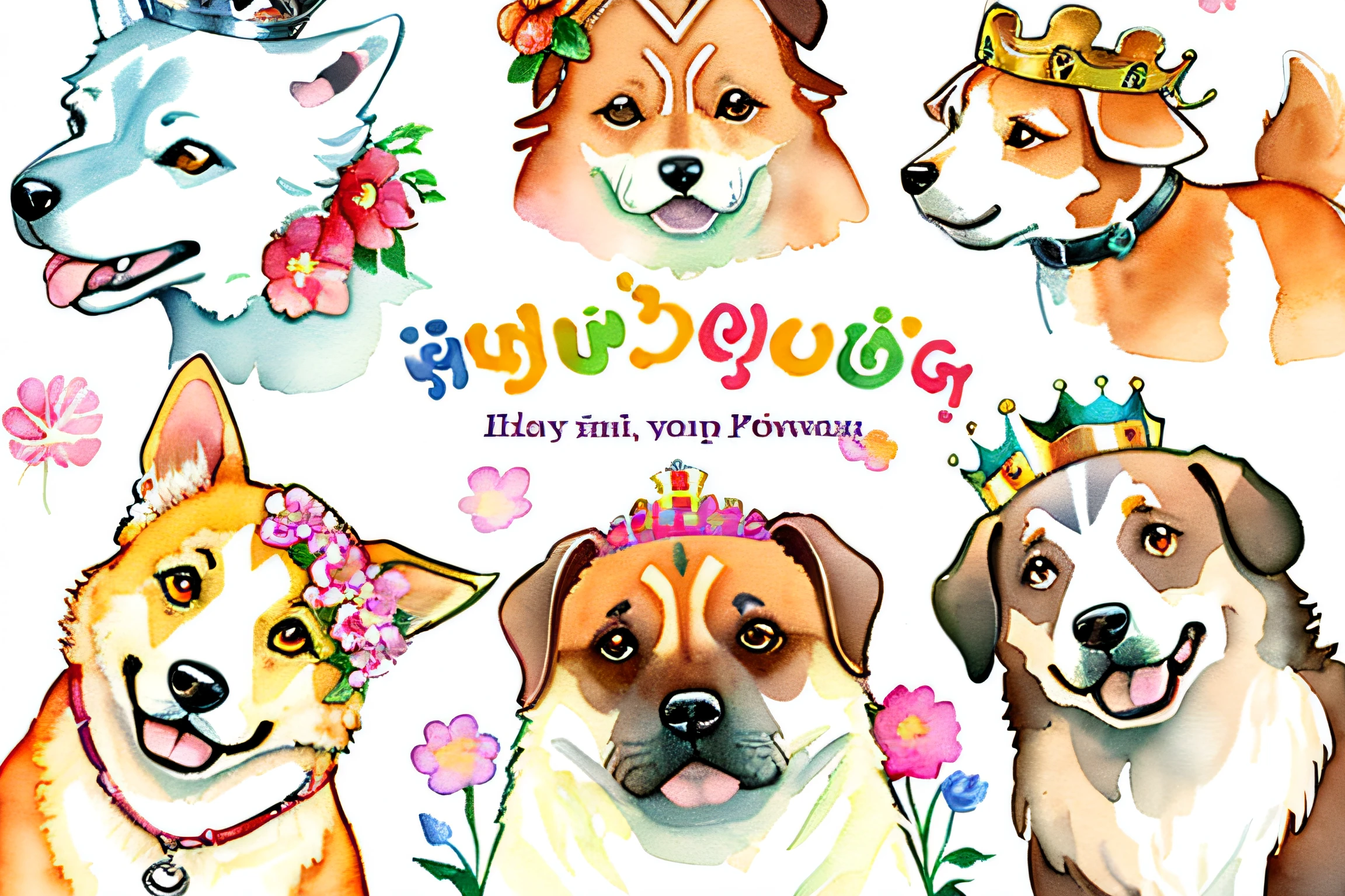 Close-up of a group of dogs with flowers on their heads, Call, dog wearing crown, clip art, clip art, by Elaine Hamilton, Watercolor illustration, doggy, by Sam Bosma, author:Juliet Weitzman, art cover illustration, digital art - w 700, author:Emma Angeleves Author:Nancy Spero, water color art