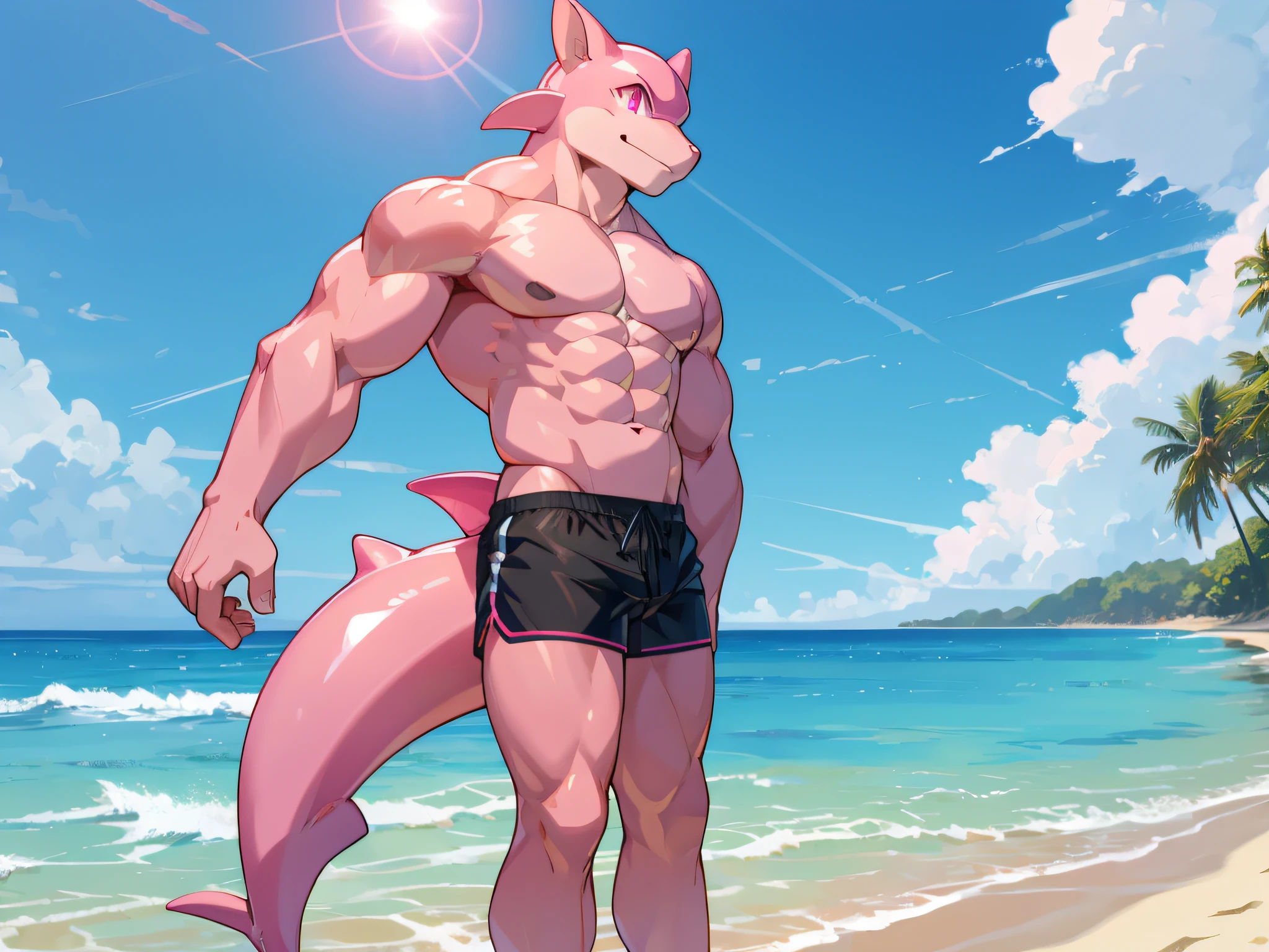 Highest quality, Highest quality, High quality illustrations, masterpiece, Ultra-high resolution, Detailed Background, Beach, Absurd, Perfect Anatomy, performance, Good lighting, Shadows in the movies(kemono, Furry Personifi猫ion), Lizardman, Muscle Body, Long dragon tail, Redskin, Rubber spats, Rubber Swimsuit, bikini, null bulge, Dynamic Angle