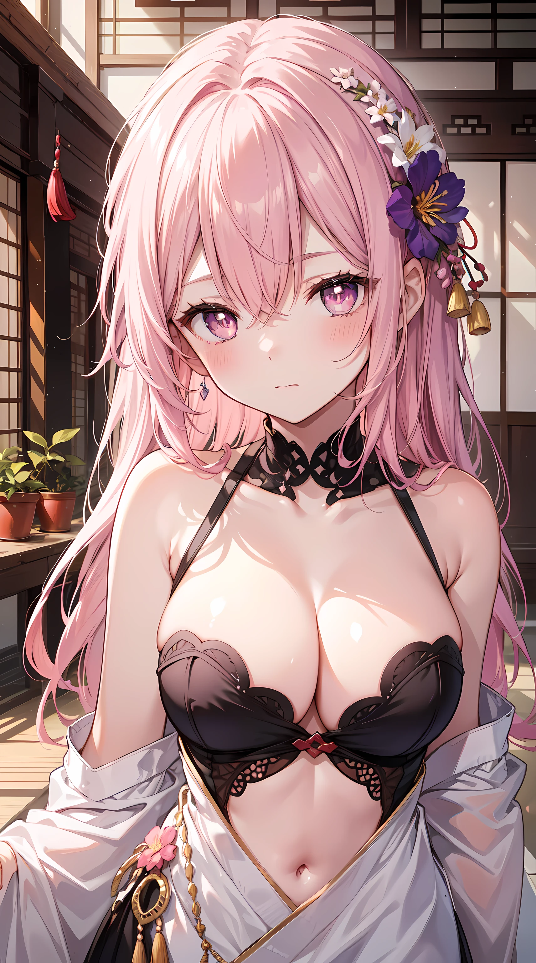 Gorgeous purple hair,tying hair, flower shaped pupils,a pink eyes,Be red in the face,face expressionless,light blush,hyper HD,超詳細,high detal,middlebreast,Slip dress,鎖骨,toned stomach,Meticulous quality:1.3, tmasterpiece:1.3,(east asian architecture,beatiful background)