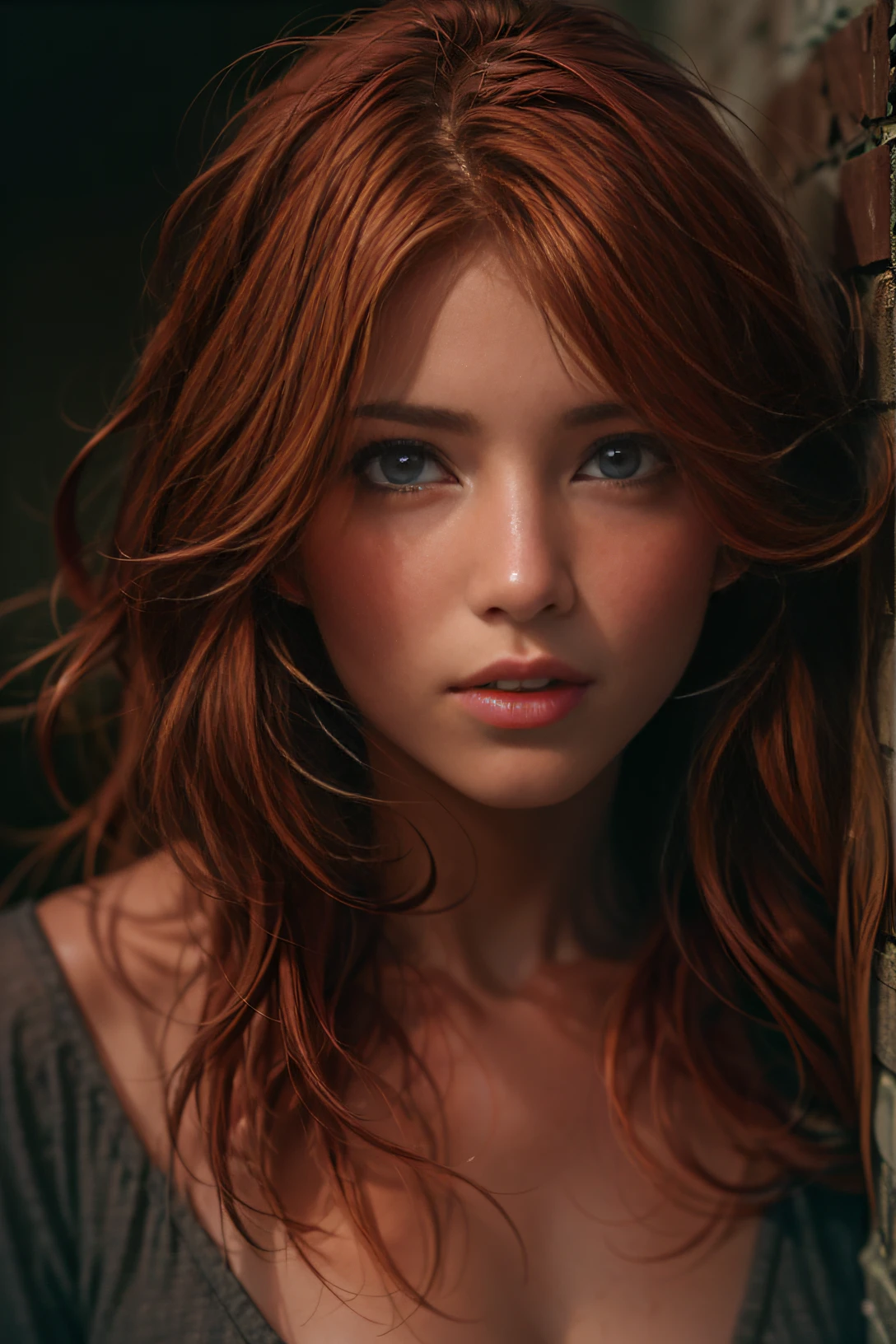 medium close-up photo of a beautiful irish girl, adorable face, red long layered hair, no makeup, realistic skin texture, warm, low saturation, yellow, rich colors, by Alessio Albi, nikon d850, zeiss otus 85mm f/1.4, hyper realistic ,lifelike texture, dramatic lighting, cinestill 800, professional shot, heavy shadows, dynamic pose, sexy look,