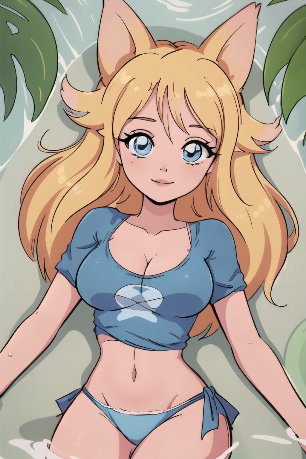 Beautiful 1girl, full body, teenager, solo, (very long waist length blonde hair, straight blonde hair: 1.28), ((light blue eyes)), clear skin, (large darker fox ears: 1.35), pale skin, medium breasts, cleavage, (thin hips, thin waist , athletic body: 1.25), background, looking away, shy smile, revealing clothes, (wearing a tight cropped t-shirt & bikini bottoms: 1.5), (lying down in water, lying down, lying on back: 1.37), (tropical waterfalls: 1.15), 4k textures, soft light, elegant, highly detailed, sharp focus, soothing tones,