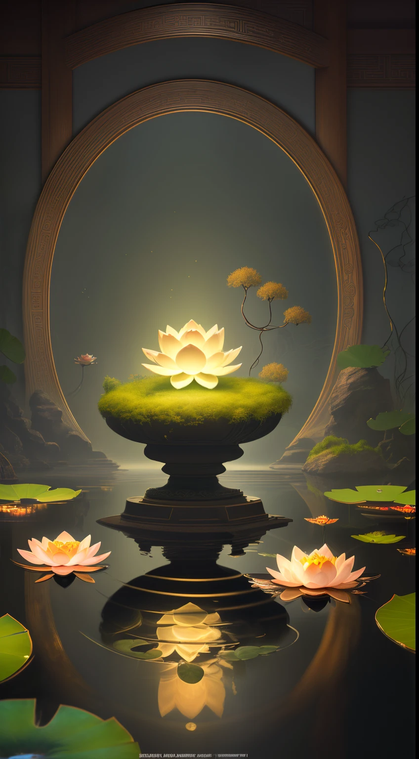 A miniature indoor lotus pond,Light Painting Miniature 3D Model,There an exquisite tea cup placed on a stone in the middle of the lotus pond.,Red carp swimming around,lotus leaf lotus lotus pod,Plants,a plant,mossy,Root,small waterfallurning oil lamp,looming smoke,A perfect piece of desktop art,Deep view,Stunning graphics,Sophisticated details,Large commercial advertising style,Texture,OC rendering,Breathtakingly beautiful,Quiet and elegant art,HD digital art,Chinese ancient fairyland,Gorgeous and exquisite illustrations,otherworldly atmosphere,The perfect combination of fantasy and reality,Rich picture layering,light painting blooming,hyper realisitc,Bright, romantic and beautiful light,beautiful art,Ultra HD 8K,amazing beautiful wallpaperackground artwork,8K detailed painting, 8k high definition wallpaper illustration,high detailed digital art