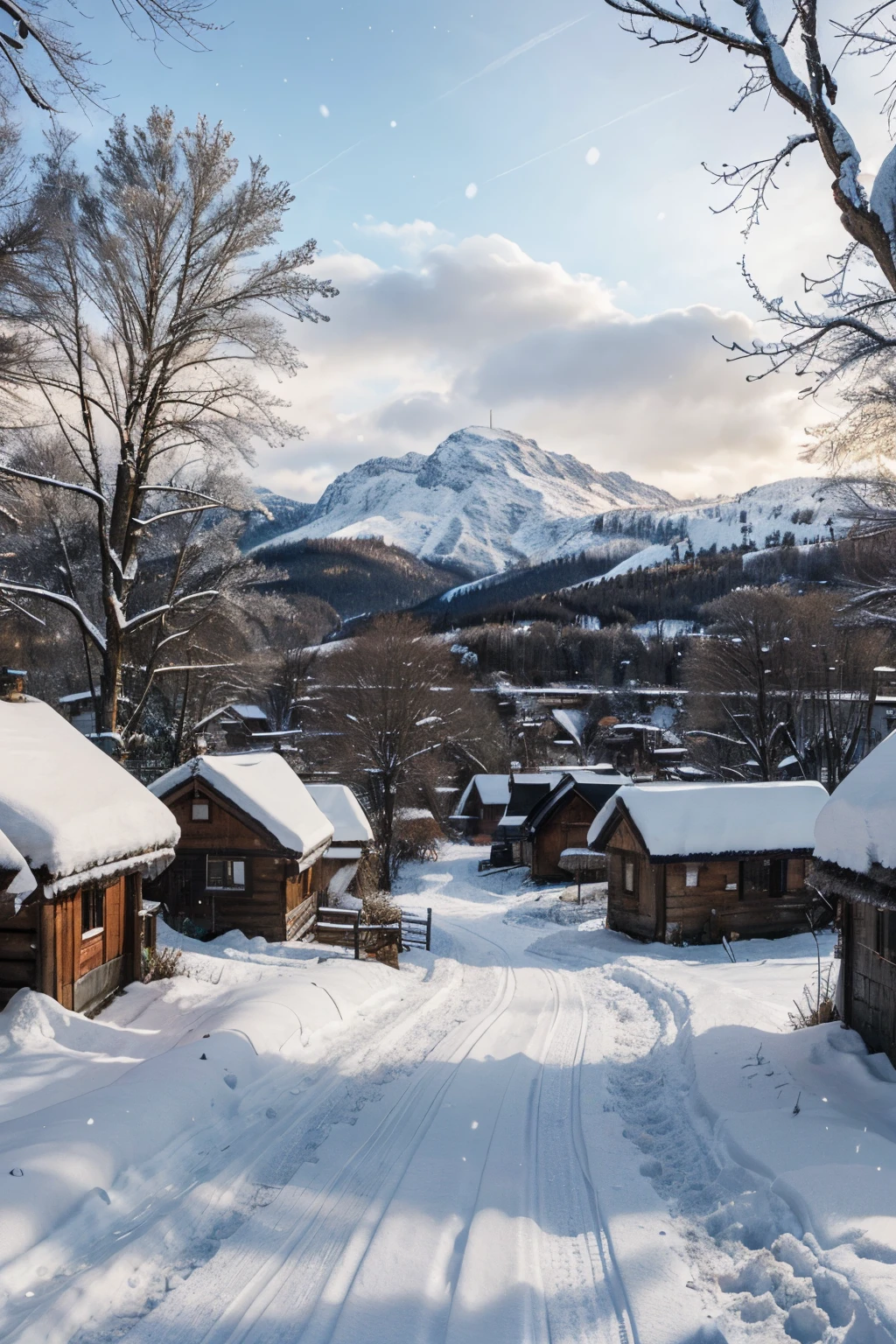 Beautiful village, small huts, snowy weather, forest in the background, ultra realistic, highly detailed, ultra quality, 8k, masterpiece, photorealistic