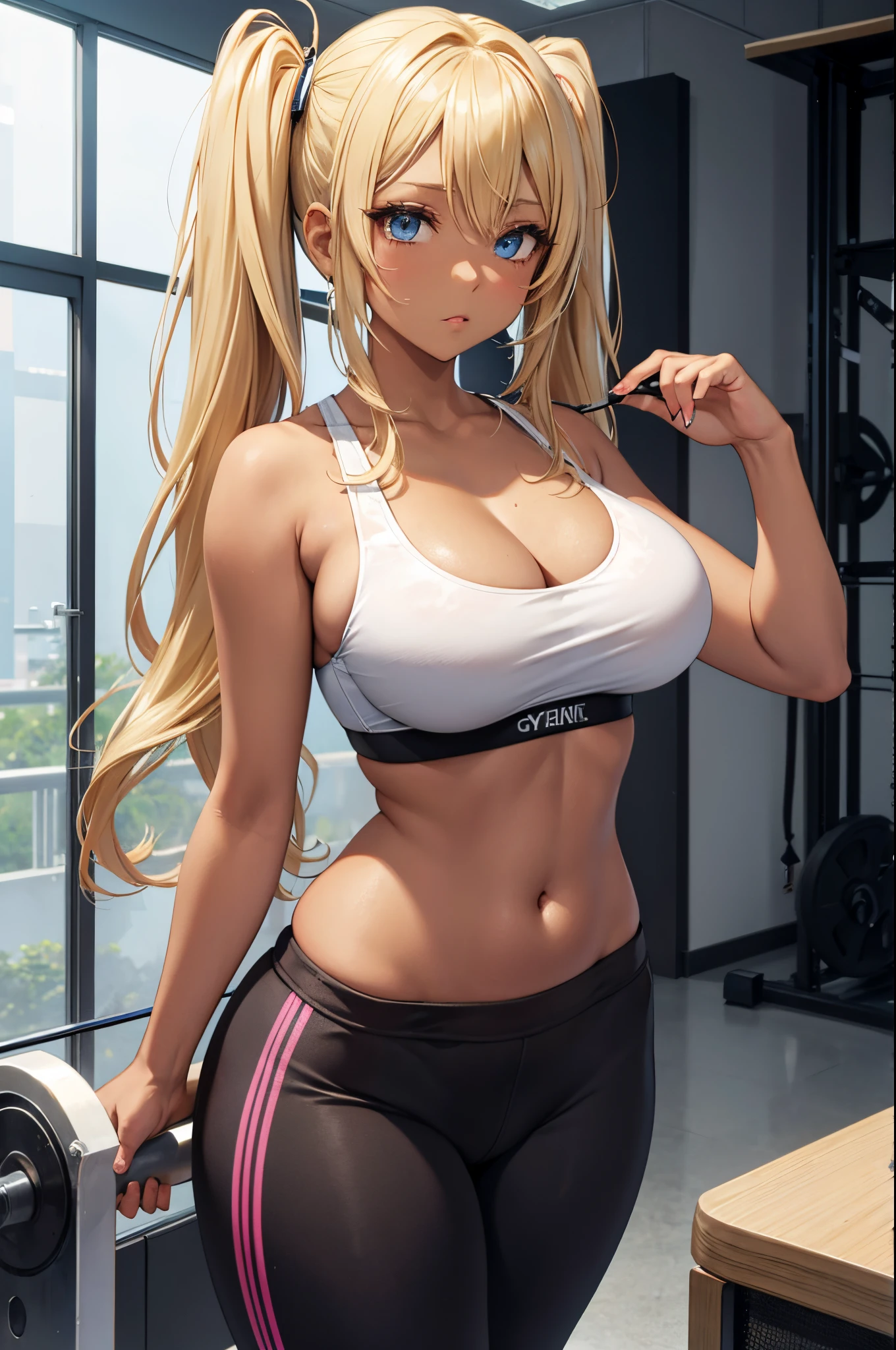 Female gyaru, twintails Blonde hair, Blue eyes, dark brown skin, large breasts, thick hips, wearing a white sports bra and black yoga pants, with a gym background