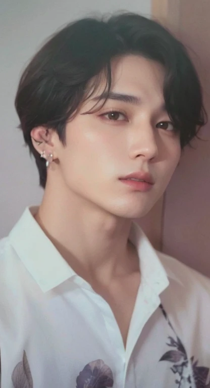 um close up de uma pessoa vestindo uma camisa branca e brincos, Jungkook, Yoongi de cabelos pretos, Jimin\Plump lips, Bts, Jimin\'s right eyelid swollen, Jimin\Nariz grego, taken in the early 2020s, delicate androgynous prince, imagem vazada, Jimin, Beautiful androgynous prince, Parque Jimin