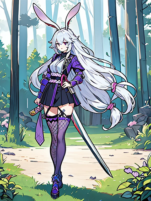 silver hair, samurai armor, purple highlights in hair ombre getty purple, bunny ears, katana, braided hair, full body, detailing, fishnet stockings, thigh high, in the woods as backdrop, detail face, detail hands,