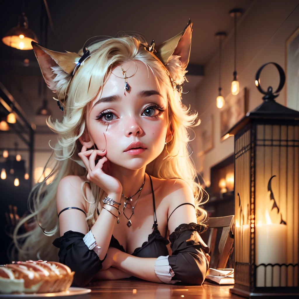 Crystal Girl, 23 years old, cute and mysterious, sitting with big eyes, a well-proportioned figure, golden hair. The background features a mystical tarot card, with a mirrored floor. It cute and realistic, created in 3D using C4D, and available in 8k high definition --auto --s2