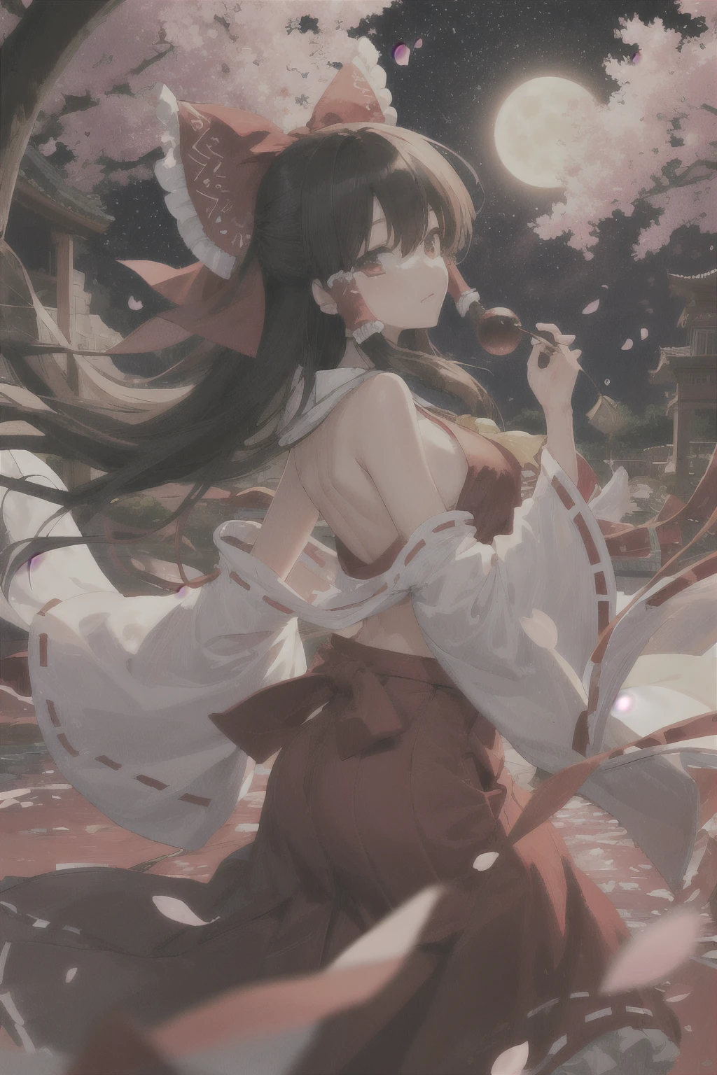 masterpiece, best quality, 1girl, hakurei reimu, black hair, black hair, glowing eyes, sideboob, (long skirt), yin yang orb, nightlight, bare hand, detail background, shrine, river, cherry blossoms, flower scatter, red sky, starry sky, moon, from side,