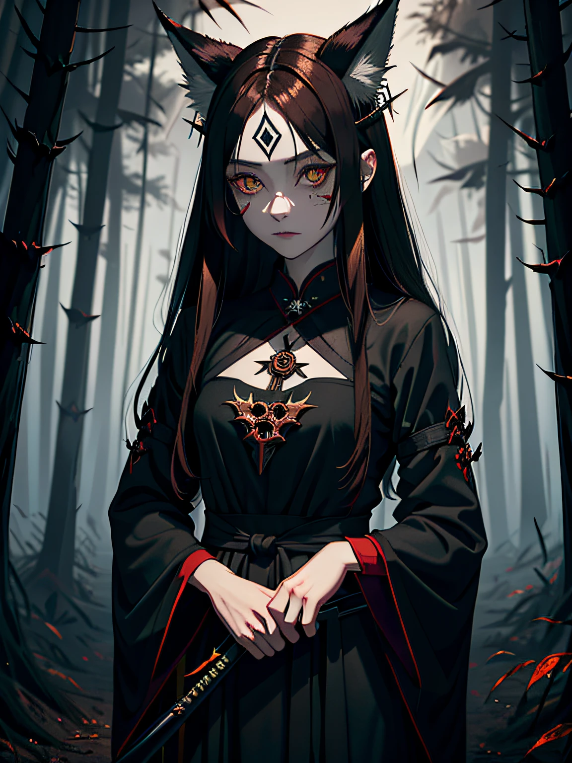 (dark dark fantasy), ((dark demon fox woman)), Animal eyes, triangle tattoos on cheeks, brown hair, Long hair, closed long clothes, long sleeves, (holding a long steel naginata), decorations and gadgets made from thorns, Phantom Lights, ghost fire, Forest Thicket, Cold lighting