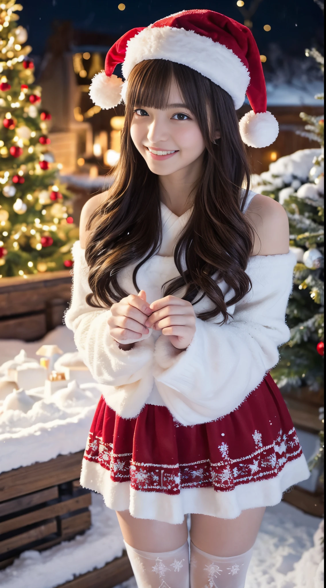 (Best Quality,4K,hight resolution,masutepiece:1.2),Realistic,Christmas,girl (21 years old),Hugging a big teddy bear,stuffed animal,Wear warm clothes,Snow falling in the background,Winter wonderland,Joyful expression,Magical atmosphere,Soft lighting,Vivid colors,Happiness,laught,Welcoming environment,Warmth,Smiling eyes,Curly hair,Shimmering decoration,Twinkling lights,toy train set,wrapped present,Rooftop with Santa Claus and reindeer flying in the distance,magic snowflake,christmas tree with ornaments,log cabin,curl up near the fireplace,hot chocolate with marshmallows,Peace and quiet,Excitement and anticipation,Snowy landscape,childhood innocence,Enchanted moments,Playful laughter,Upholstered stockings,Holiday spirit,love and togetherness.thighs thighs thighs thighs、off shoulders