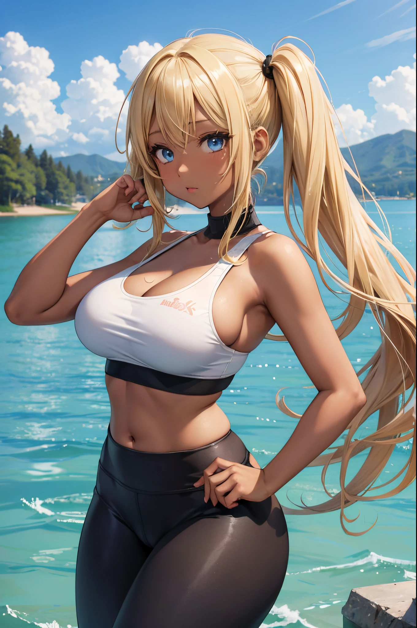 Female gyaru, twintails Blonde hair, Blue eyes, dark brown skin, large breasts, thick hips, wearing a white sports bra and black yoga pants, with a lake background.