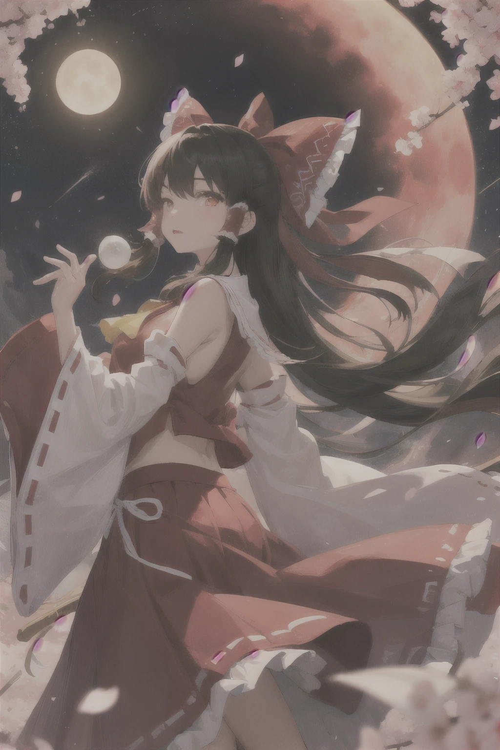 masterpiece, best quality, 1girl, hakurei reimu, black hair, black hair, glowing eyes, sideboob, (long skirt), yin yang orb, nightlight, bare hand, detail background, shrine, river, cherry blossoms, flower scatter, red sky, starry sky, moon, from side,