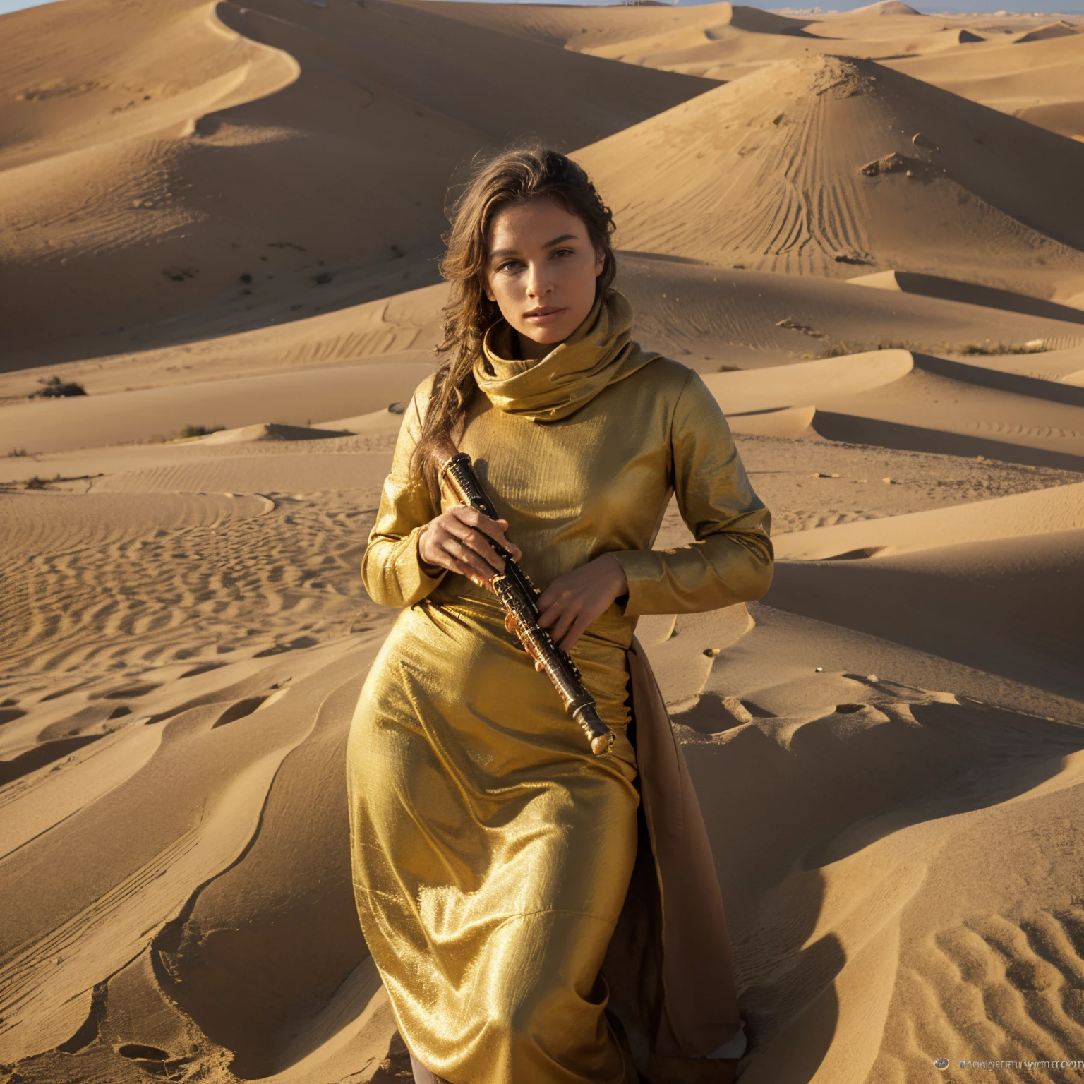 Image dune abeille qui joue de la flute de maniere realiste, sur un fond de paysage de campagne ensolleille francaise