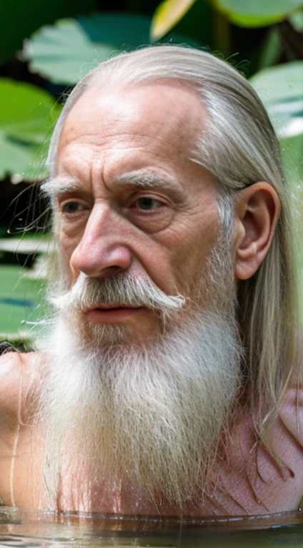 An elder with a long beard and white hair, with a serene face wrinkles, looking producing, body older weak, skinny bones hairy, body naked, his shirt was open to reveal his stomach wrinkles older hairy weak and chest, arms legs neck hands feet skinny old and weak, shy and blushed, Lying in the water,water lily,lotus leaf,Closed eyes,master-piece,4K images,beste-Qualit