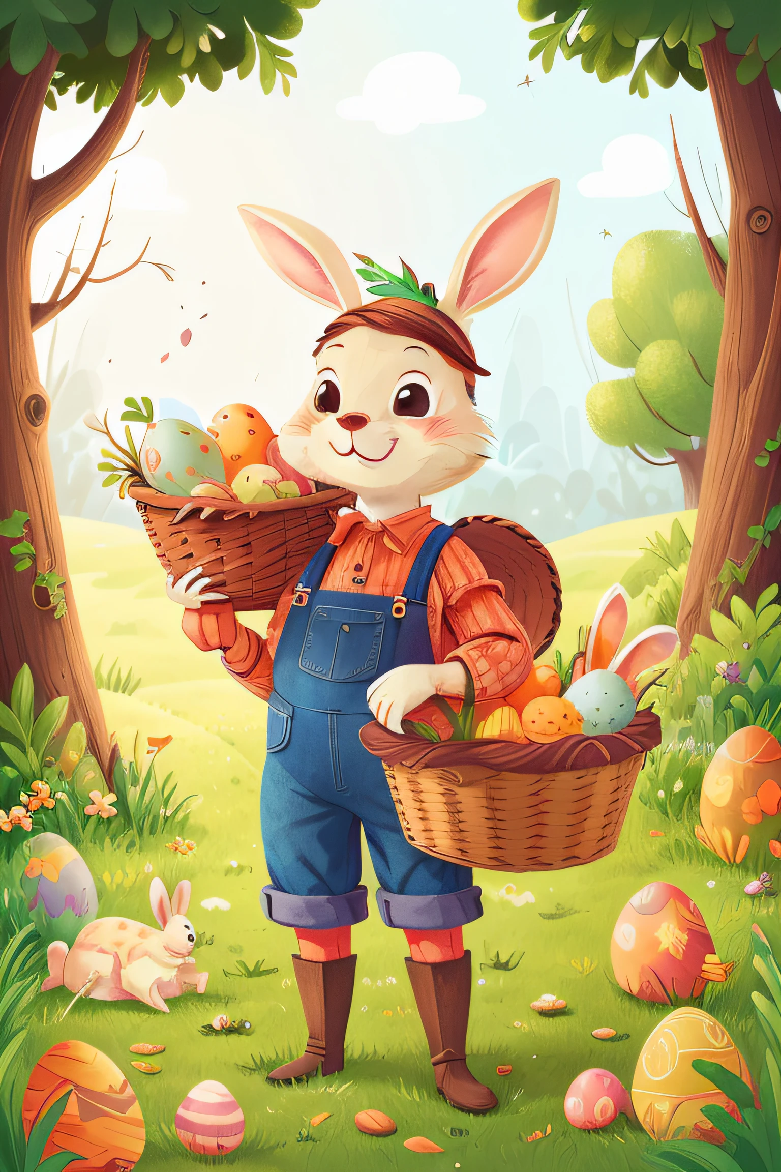 Easter illustration bunny as farmer, Carrying a basket full of carrots