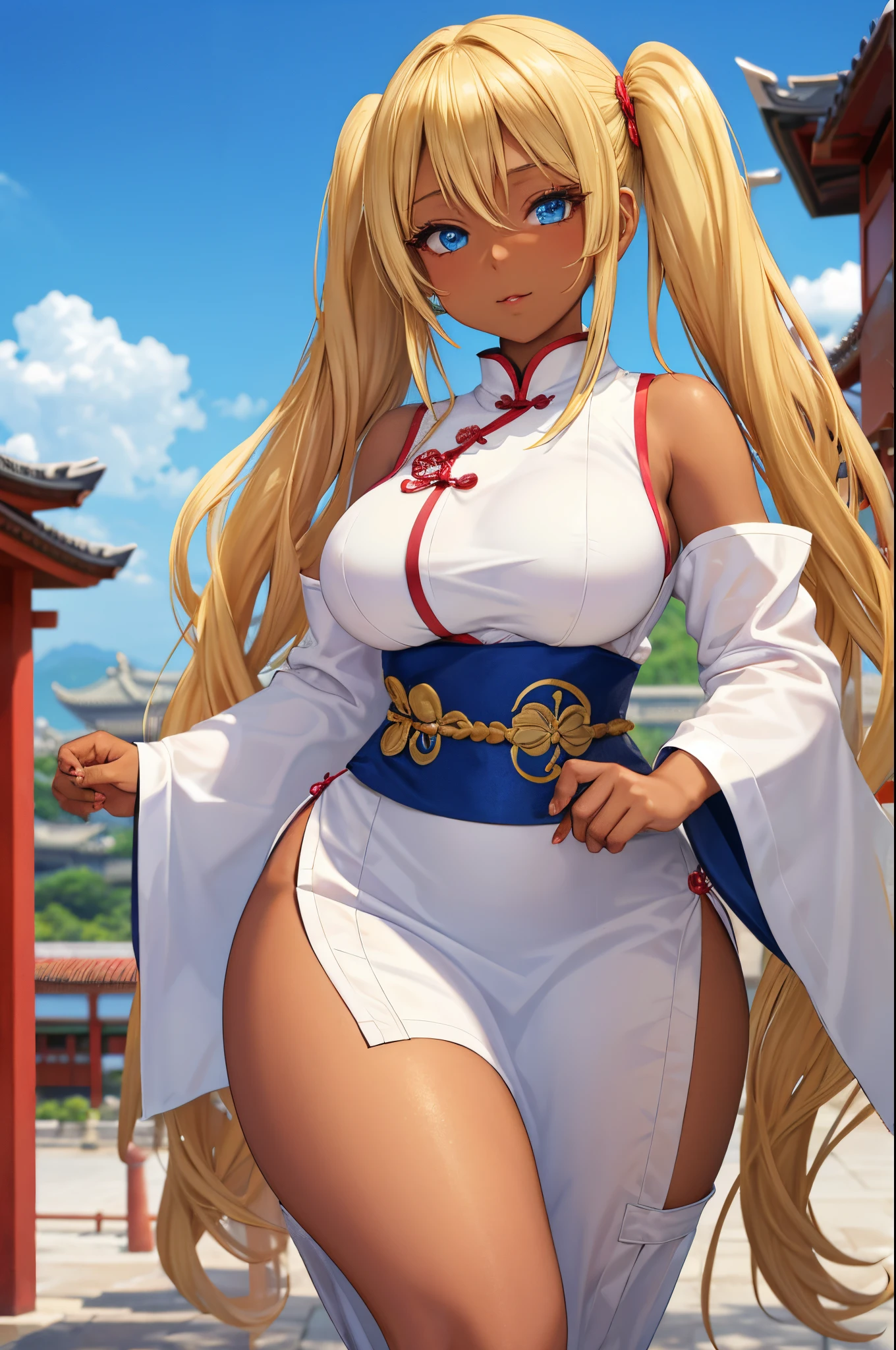 Female gyaru, twintails Blonde hair, Blue eyes, dark brown skin, large breasts, thick hips, wearing a white qi pao, a temple in the background