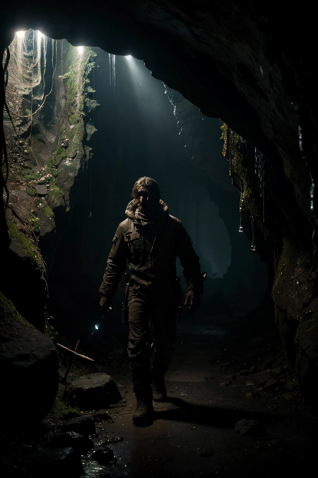 A person with speluncaphobia exploring a dark cave, holding a flashlight, with fearful eyes and a trembling body. The cave is characterized by narrow passages, dripping water, and mysterious shadows. The person is wearing rugged clothing and is surrounded by stalactites and stalagmites. The flashlight illuminates the rough, rocky walls of the cave, revealing the texture and details. The atmosphere is filled with tension and unease, symbolizing the fear and anxiety associated with speluncaphobia. The artwork is created using a combination of digital painting and 3D rendering techniques to achieve a highly realistic and detailed depiction. The color palette is dominated by dark and earthy tones, enhancing the ominous and claustrophobic atmosphere. Studio lighting is used to create dramatic highlights and shadows, intensifying the sense of depth and mystery. The final artwork is a masterpiece of high quality, with ultra-detailed elements and a photorealistic style that immerses the viewer in the eerie ambiance of the dark cave.