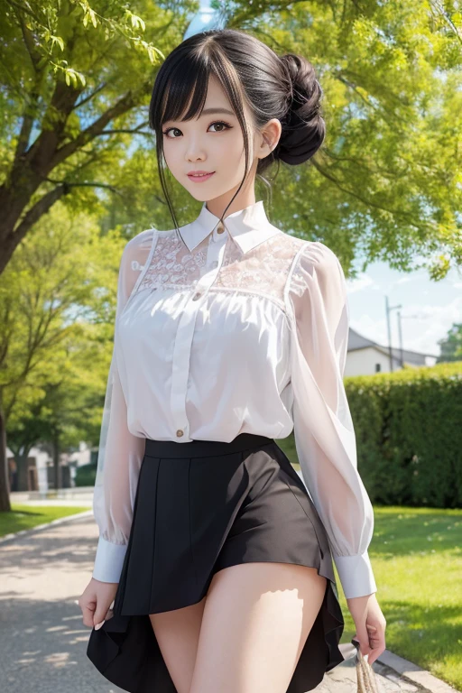 she is a beautiful girl and very cute、wearing a blouse and short skirt、is fluttering in the wind、The skirt is twisted、Pandy is visible、panties are cute、The skin is transparent according to the body line.、A dark-haired、Bun head、She has big、Cute smile、rose garden、masutepiece、A detailed、masutepiece、portlate、Raw photo、top-quality、masterpiece、超A high resolution、(Photorealsitic:1.4)、octan render、8K picture quality、ultrasharp、Intricate Ornamental Tree Details Details