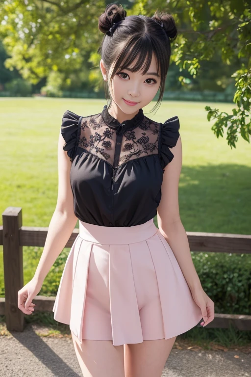 she is a beautiful girl and very cute、wearing a blouse and short skirt、is fluttering in the wind、The skirt is twisted、Pandy is visible、panties are cute、The skin is transparent according to the body line.、A dark-haired、Bun head、She has big、Cute smile、rose garden、masutepiece、A detailed、masutepiece、portlate、Raw photo、top-quality、masterpiece、超A high resolution、(Photorealsitic:1.4)、octan render、8K picture quality、ultrasharp、Intricate Ornamental Tree Details Details