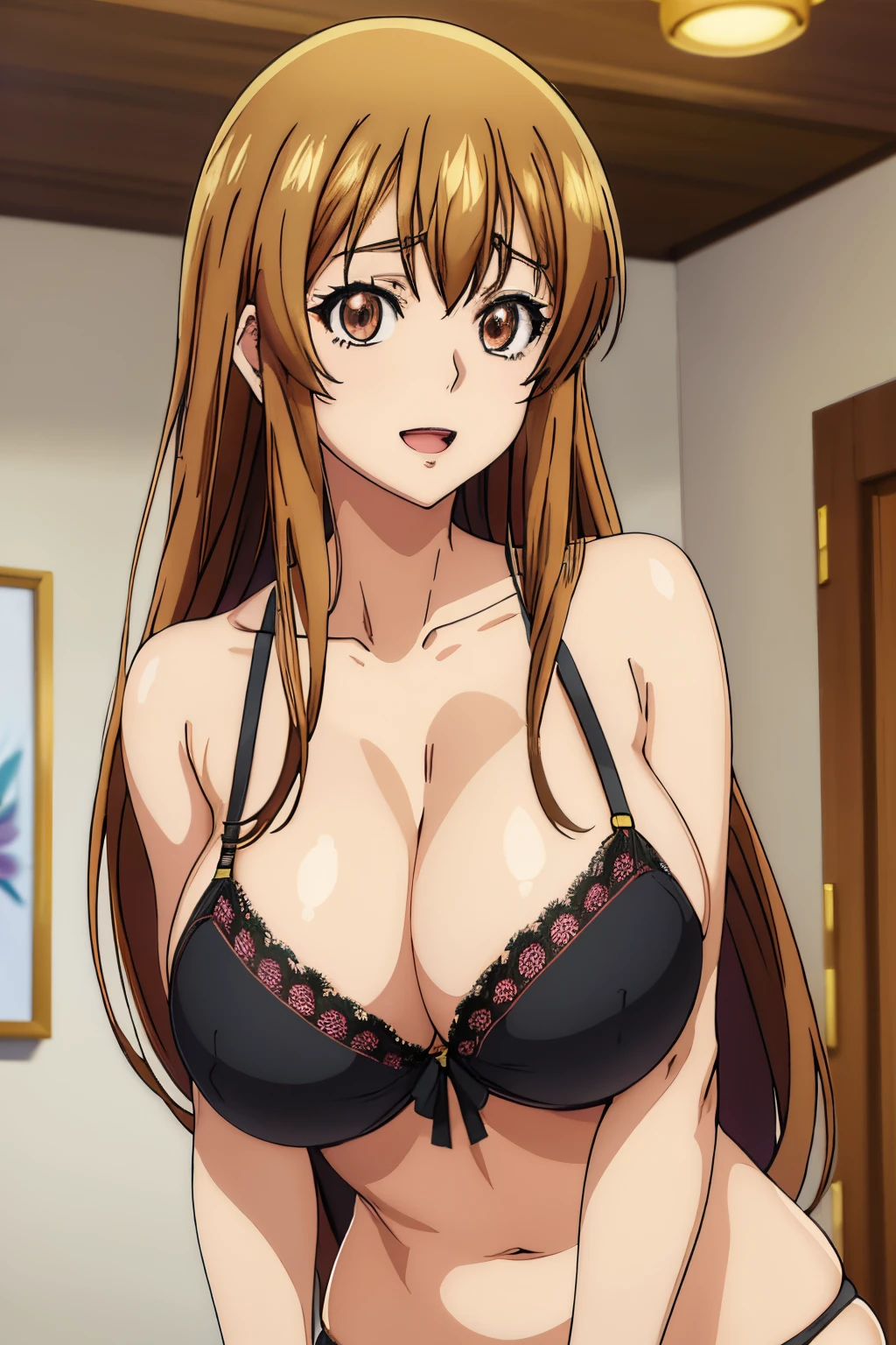 Huge tits, black bra, panties, Busty, slim waist, best quality, (masterpiece:1.2), highly detailed, street,
1girl,  kotegawa nanaka, looking at viewer, slight smile, open mouth, brown eyes, long hair, indoor, room, bedroom, wardrobe, close up