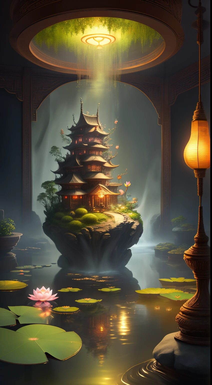 A miniature indoor lotus pond,Light Painting Miniature 3D Model,There a beautiful tea cup on a stone,Red carp,lotus leaf lotus lotus pod,Plants,a plant,mossy,Root,small waterfallurning oil lamp,Incense box,looming smoke,water flowing,A perfect piece of desktop art,Deep view,Stunning graphics,Sophisticated details,Large commercial advertising style,Texture,OC rendering,Breathtakingly beautiful,Quiet and elegant art,HD digital art,Chinese ancient fairyland,Gorgeous and exquisite illustrations,otherworldly atmosphere,The perfect combination of fantasy and reality,Rich picture layering,light painting blooming,hyper realisitc,Bright, romantic and beautiful light,beautiful art,Ultra HD 8K,amazing beautiful wallpaperackground artwork,8K detailed painting, 8k high definition wallpaper illustration,high detailed digital art