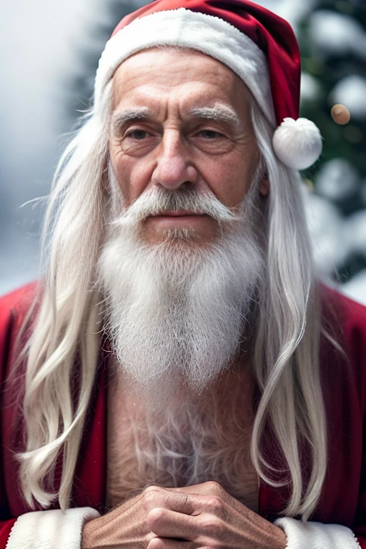 An elder with a long beard and white hair, with a serene face wrinkles, looking producing, body older weak, skinny bones hairy, body naked, his shirt was open to reveal his stomach wrinkles older hairy weak and chest, arms legs neck hands feet skinny old and weak, Santa Claus hat, gloves and open coat,shy and blushed, Lying in the snow,snow lily,Closed eyes,master-piece,4K images,beste-Qualit
