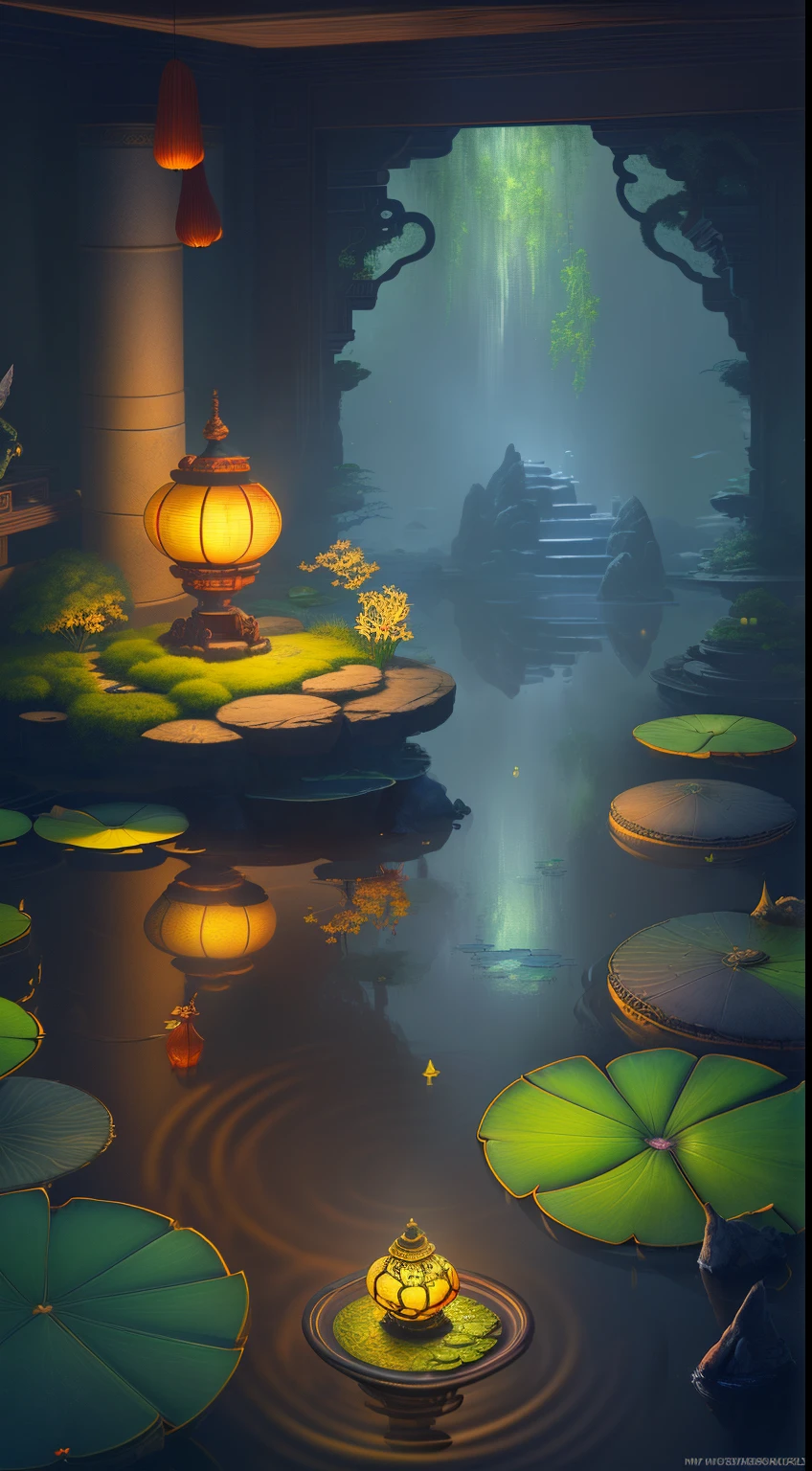 A miniature indoor lotus pond，Light Painting Miniature 3D Model，There  a beautiful tea cup on a stone，Red carp，lotus leaf lotus lotus pod，Plants，a plant，mossy，Root，small waterfallurning oil lamp，Incense box，looming smoke，water flowing，A perfect piece of desktop art，Deep view，Stunning graphics，Sophisticated details，Large commercial advertising style，Texture，OC rendering，Breathtakingly beautiful，Quiet and elegant art，HD digital art，Chinese ancient fairyland，Gorgeous and exquisite illustrations，otherworldly atmosphere，The perfect combination of fantasy and reality，Rich picture layering，light painting blooming，hyper realisitc，Bright, romantic and beautiful light，beautiful art，Ultra HD 8K，amazing beautiful wallpaperackground artwork，8K detailed painting, 8k high definition wallpaper illustration，high detailed digital art