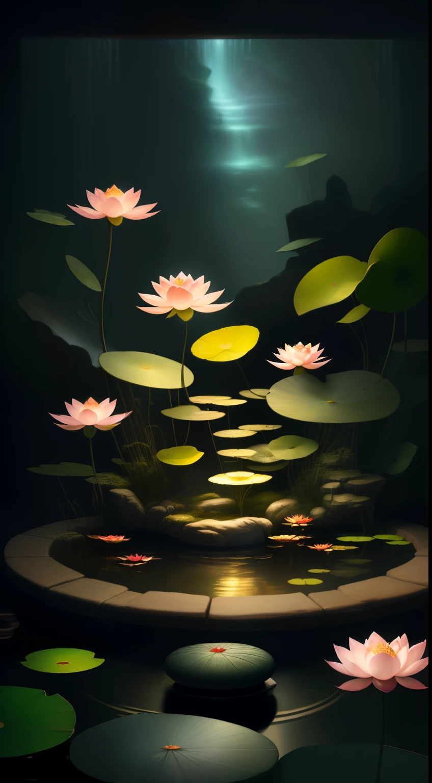 A miniature indoor lotus pond,Light Painting Miniature 3D Model,There an exquisite tea cup placed on a stone in the middle of the lotus pond.,Red carp swimming in the pond,lotus leaf lotus lotus pod,Plants,a plant,mossy,Root,small waterfallurning oil lamp,looming smoke,A perfect piece of desktop art,Deep view,Stunning graphics,Sophisticated details,Large commercial advertising style,Texture,OC rendering,Breathtakingly beautiful,Quiet and elegant art,HD digital art,Chinese ancient fairyland,Gorgeous and exquisite illustrations,otherworldly atmosphere,The perfect combination of fantasy and reality,Rich picture layering,light painting blooming,hyper realisitc,Bright, romantic and beautiful light,beautiful art,Ultra HD 8K,amazing beautiful wallpaperackground artwork,8K detailed painting, 8k high definition wallpaper illustration,high detailed digital art