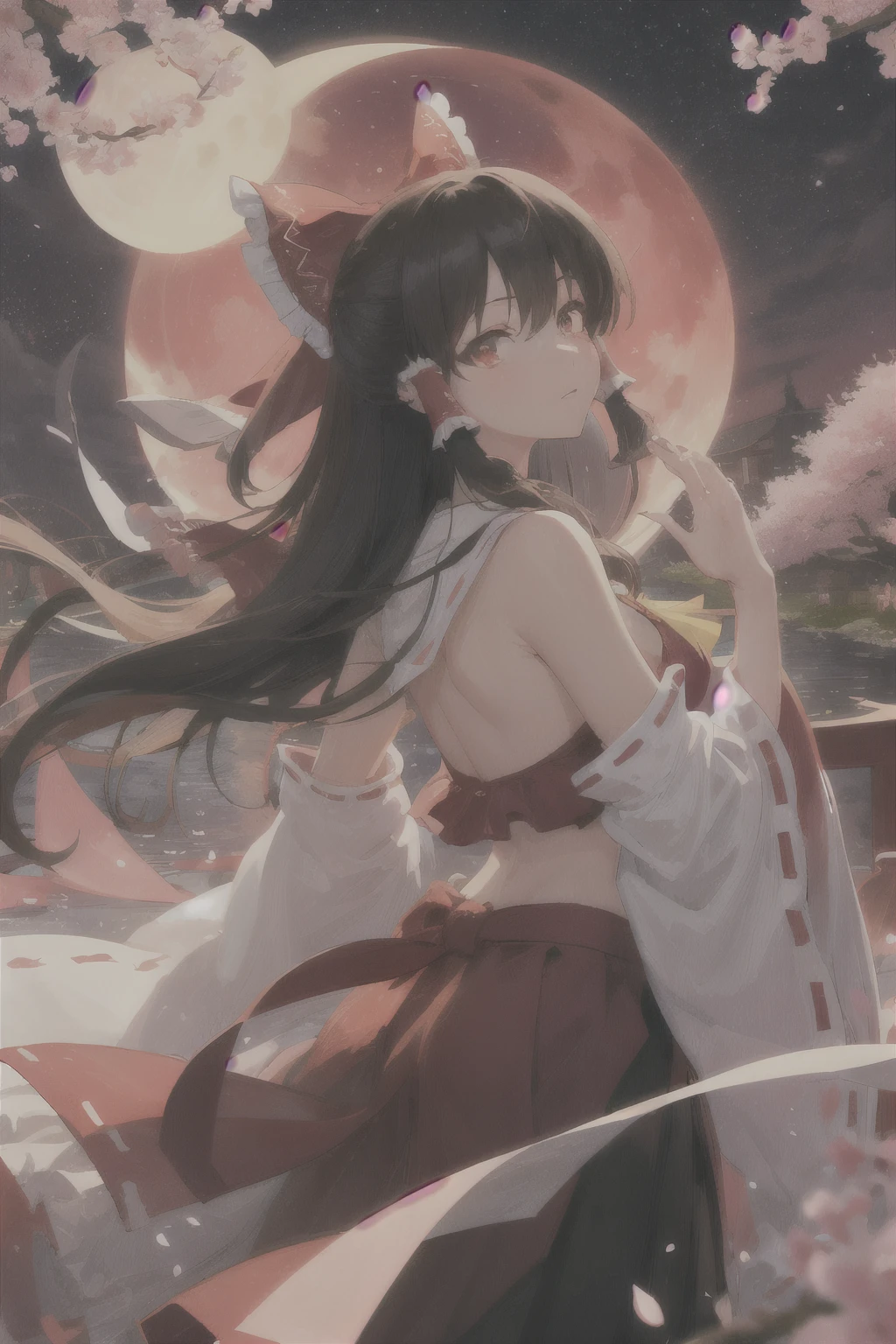 masterpiece, best quality, 1girl, hakurei reimu, black hair, black hair, glowing eyes, sideboob, (long skirt), yin yang orb, nightlight, bare hand, detail background, shrine, river, cherry blossoms, flower scatter, red sky, starry sky, moon, from side,