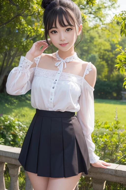 she is a beautiful girl and very cute、wearing a blouse and short skirt、 Fluttering in the wind、Skirt is pulled up、I see pandy、Panties are cute、Transparent skin that follows the body line.、A dark-haired、Bun head、She has big、Cute smile、rose garden、masutepiece、A detailed、masutepiece、portlate、Raw photo、top-quality、masterpiece、超A high resolution、(Photorealsitic:1.4)、octan render、8K picture quality、ultrasharp、Intricate Ornamental Tree Details Details