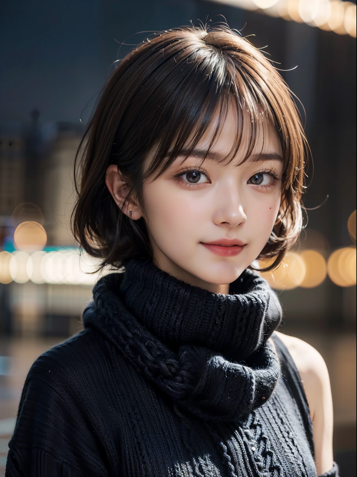 1 japanese idol,(Black sweater:1.4),(She wears a knitted snood around her neck to hide her chin.....:1.5), (Raw photo, Best Quality), (Realistic, Photorealsitic:1.4), Shorthair, masutepiece, extremely delicate and beautiful, Extremely detailed, 8k wallpaper, amazing, finely detail, extremely detailed CG Unity, hight resolution, Soft light, beautiful detail, age19, extremely detailed eye and face, beautiful detailed nose, Beautiful detailed eyes,Cinematic lighting,city light at night,Perfect Anatomy,Slender body,Smiling  (hair messy, asymmetrical bangs, light brown hair,)