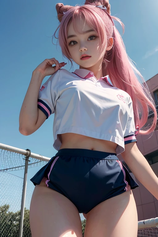1girll,Twin-tailed,Colorful hair,Flying,pink bows,16-year-old female model,Side,Thigh、swim wears、Colossal tits、kawaii、realisitic、pantiy、Idol、Buruma、Dark blue bloomers、gymnastic suit、School Physical Education Uniforms、White shirt、Koseiji bloomers
