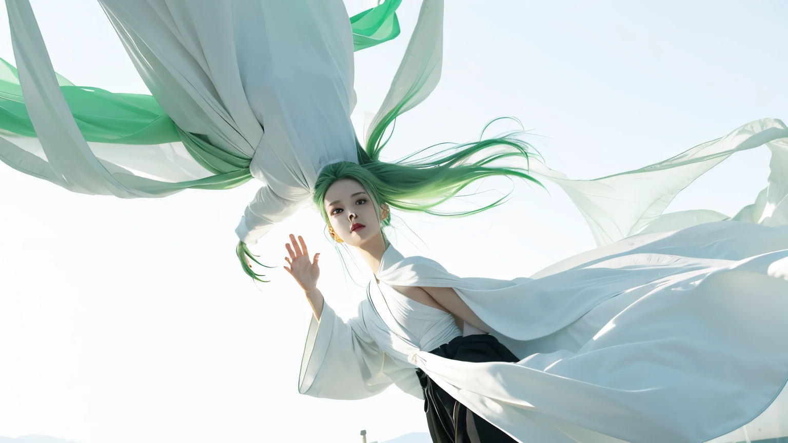 a young man and a woman，lateral，green haired，Holy，goddess in white robe，Floating in the air，Bend your body，hand touching down，Gray-haired，The face of the young man in black robe，Background of the church
