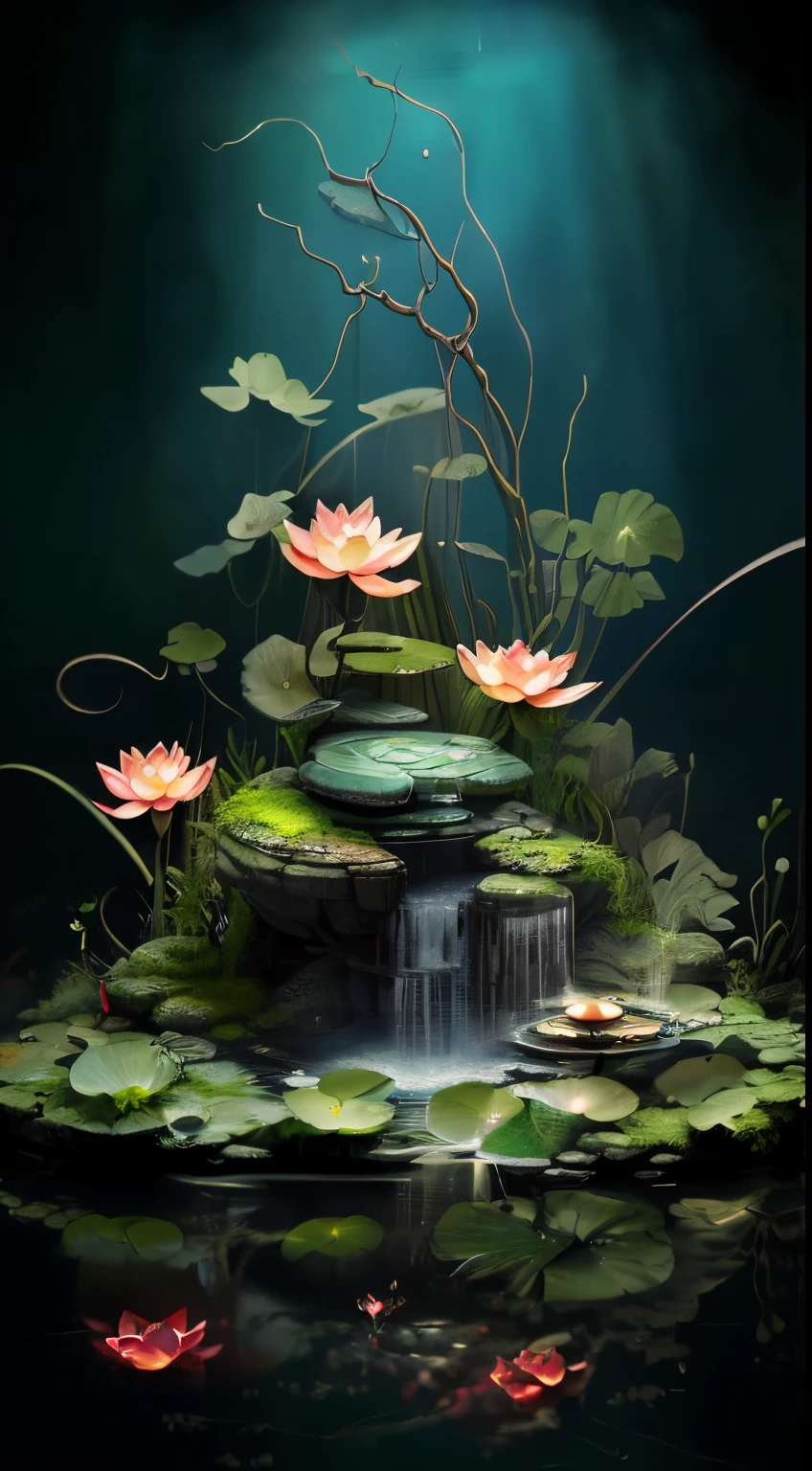 There  a miniature indoor lotus pond，Light Painting Miniature 3D Model，There  an exquisite tea cup placed on a stone in the middle of the lotus pond.，Red carp swimming around，lotus leaf lotus lotus pod，small waterfalls，Plants，a plant，mossy，Root，Burning oil lamp，looming smoke，A perfect piece of desktop art，Deep view，Stunning graphics，Sophisticated details，Large commercial advertising style，Texture，OC rendering，Breathtakingly beautiful，Quiet and elegant art，HD digital art，Chinese ancient fairyland，Gorgeous and exquisite illustrations，otherworldly atmosphere，The perfect combination of fantasy and reality，Rich picture layering，light painting blooming，hyper realisitc，Bright, romantic and beautiful light，beautiful art，Ultra HD 8K，amazing beautiful wallpaperackground artwork，8K detailed painting, 8k high definition wallpaper illustration，high detailed digital art