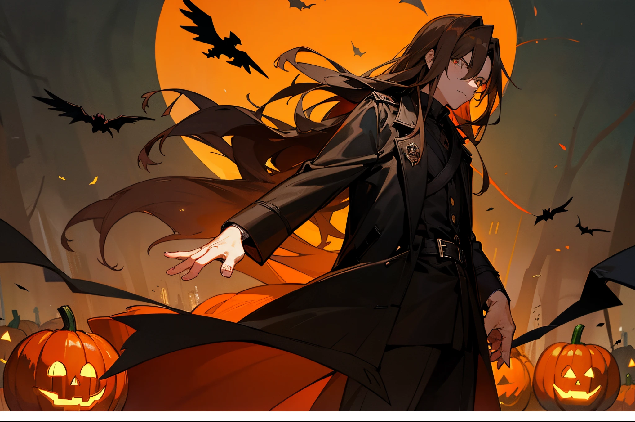 A middle-aged male,male people,Alone,Long brown hair,a black trench coat,cawing ravenlack eyes,ln the forest,Halloween pumpkin decoration,Skull decoration,