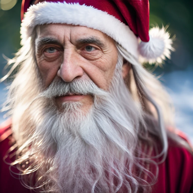 An elder with a long beard and white hair, with a serene face wrinkles, looking producing, body older weak, skinny bones hairy, body naked, his shirt was open to reveal his stomach wrinkles older hairy weak and chest, arms legs neck hands feet skinny old and weak, Santa Claus hat, gloves and open coat,shy and blushed, Lying in the snow,snow lily,Closed eyes,master-piece,4K images,beste-Qualit