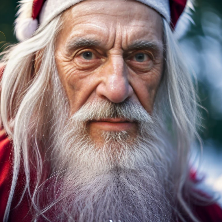 An elder with a long beard and white hair, with a serene face wrinkles, looking producing, body older weak, skinny bones hairy, body naked, his shirt was open to reveal his stomach wrinkles older hairy weak and chest, arms legs neck hands feet skinny old and weak, Santa Claus hat, gloves and open coat,shy and blushed, Lying in the snow,snow lily,Closed eyes,master-piece,4K images,beste-Qualit