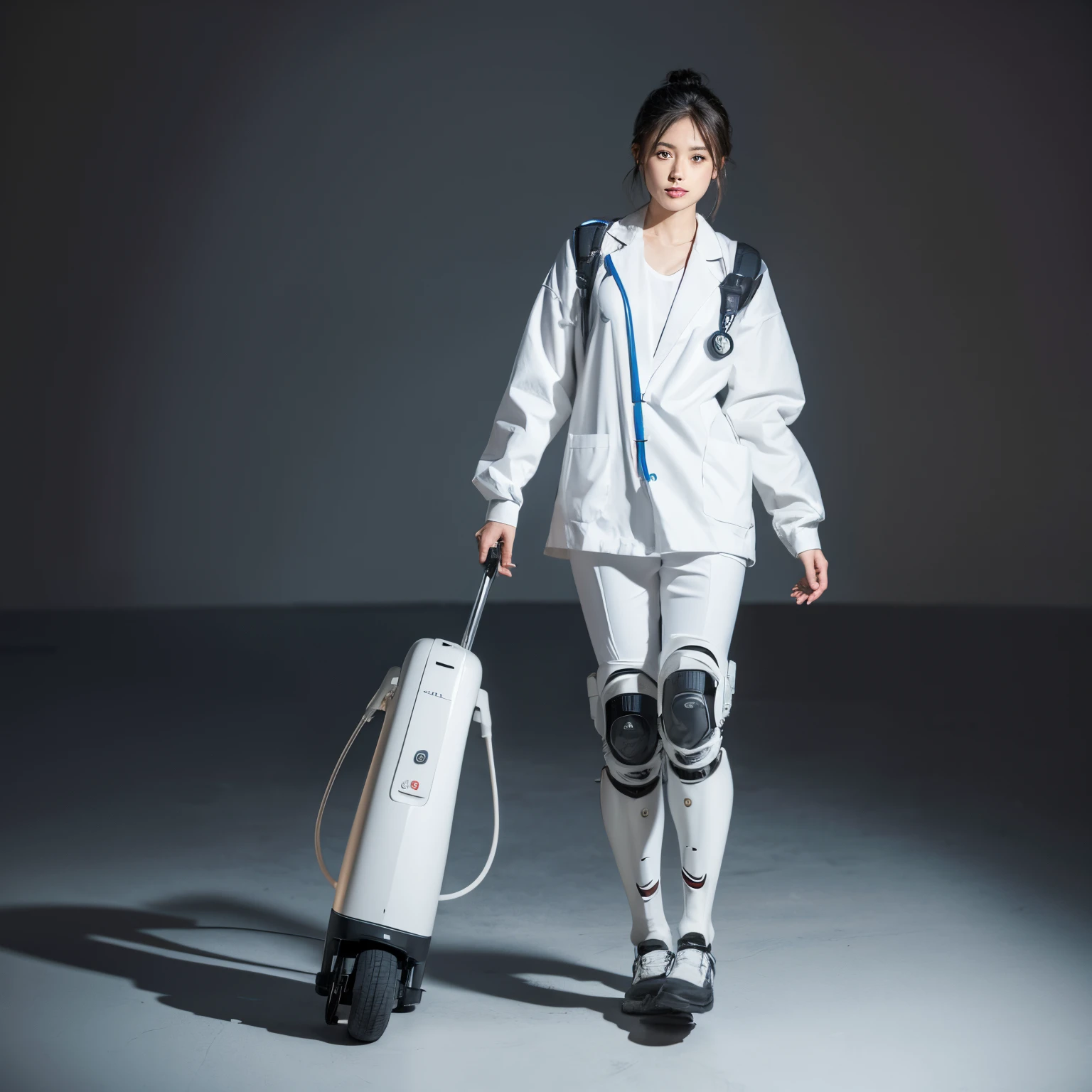 Robotic girl. Full body. Robotic body. 4k. Long leg. Hold a doll