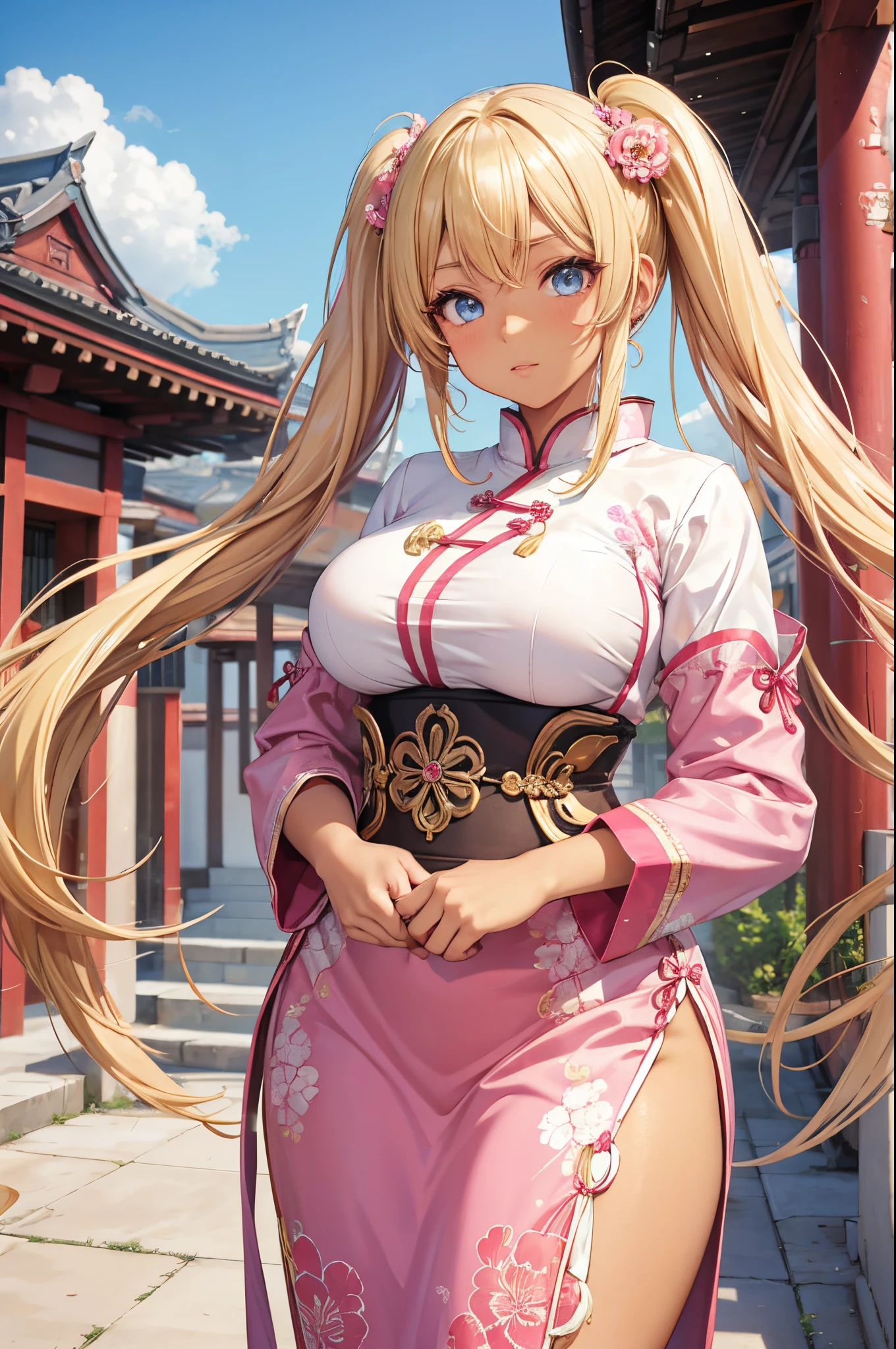 Female gyaru, twintails Blonde hair, Blue eyes, dark brown skin, large breasts, thick hips, wearing a white qi pao, a temple in the background