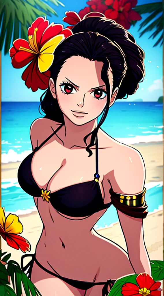 (masterpiece), best quality, beautiful face, happy face, realistic face and body,expressive black eyes, perfect face, perfect sized boobs, standing, flower bikini and flower penty, beach background,front facing, black hair , Viola, bracelet on her hand,