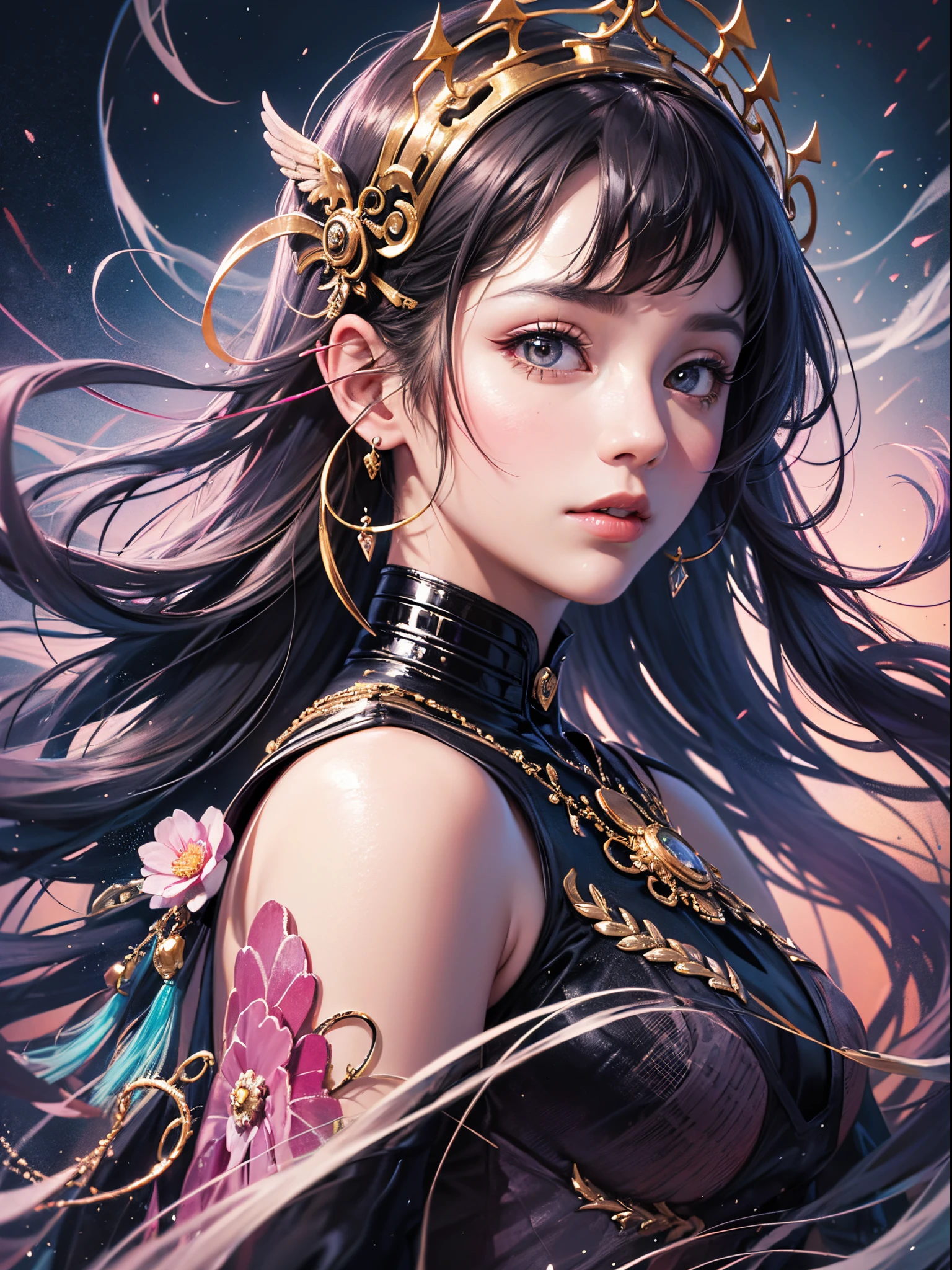 zhangfenghua, (geometric abstract background:1.4), esoteric, 1girl, depth of field (zentangle, mandala, tangle, entangle) (photorealistic:1.4), official art, unity 8k wallpaper, ultra detailed, beautiful and aesthetic, masterpiece,best quality, (dynamic angle:1.4), glowing skin, (floating colorful sparkles:1) the most beautiful form of chaos, elegant, a brutalist designed, vivid colours, romanticism --auto --s2