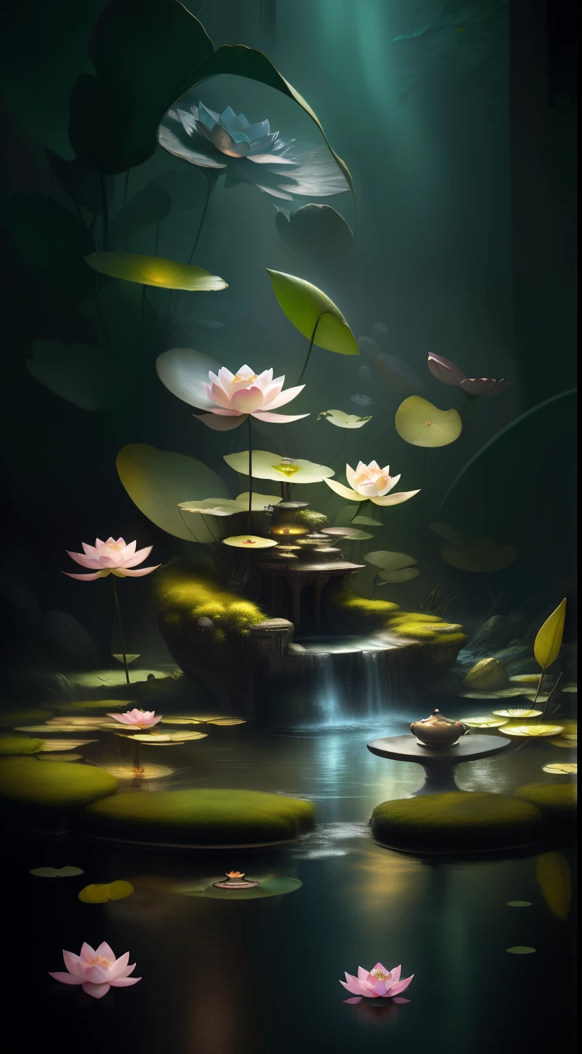 There  a miniature indoor lotus pond，Light Painting Miniature 3D Model，There  an exquisite tea cup placed on a stone in the middle of the lotus pond.，Red carp swimming around，lotus leaf lotus lotus pod，small waterfalls，Plants，a plant，mossy，Root，Burning oil lamp，looming smoke，A perfect piece of desktop art，Deep view，Stunning graphics，Sophisticated details，Large commercial advertising style，Texture，OC rendering，Breathtakingly beautiful，Quiet and elegant art，HD digital art，Chinese ancient fairyland，Gorgeous and exquisite illustrations，otherworldly atmosphere，The perfect combination of fantasy and reality，Rich picture layering，light painting blooming，hyper realisitc，Bright, romantic and beautiful light，beautiful art，Ultra HD 8K，amazing beautiful wallpaperackground artwork，8K detailed painting, 8k high definition wallpaper illustration，high detailed digital art