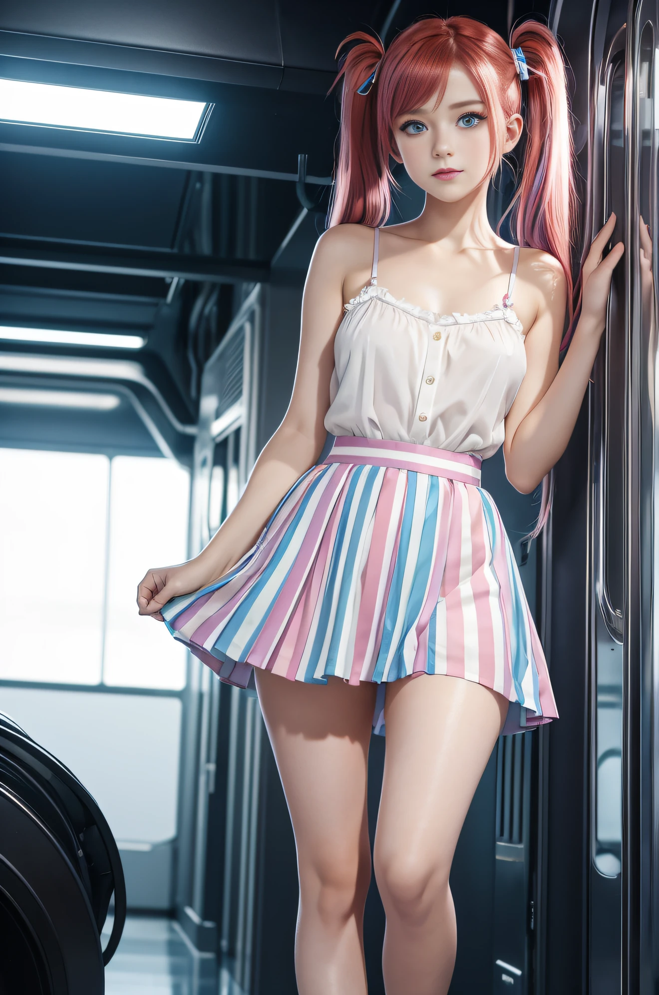 (high quality), (maximum resolution), (intrinsic details), (very realistic), 1 woman, short wavy hair, gray hair with red, (beautiful ultra side face: 1.0), green eyes, upturned nose, feminine focus, pink shirt, wide cleavage, medium breasts, firm breasts, marked nipples, bare shoulders, bare abdomen, plain skirt, white mini-skirt, beautiful hips, slender legs, front view, train station,