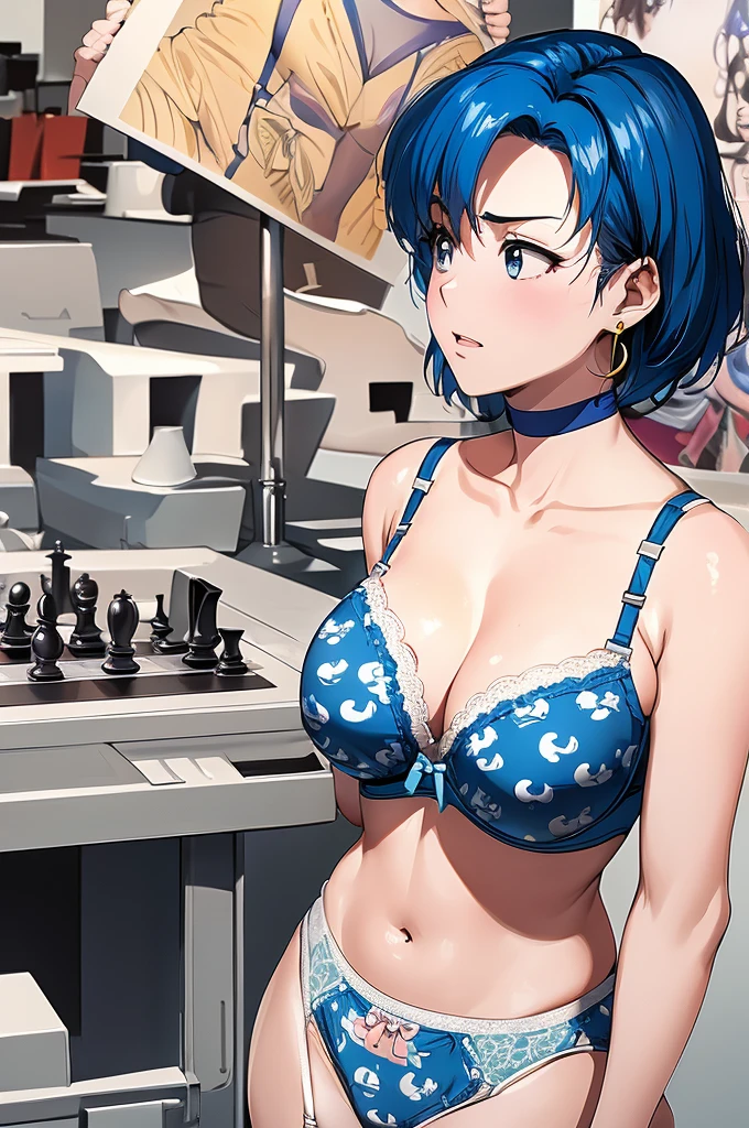 (Alone, 1个Giant Breast Girl), (absurd res, A high resolution, offical wallpaper, poster for), (tmasterpiece, Best quality at best:1.2), (illustratio, actual), (Perfect details, The most detailed, extremely detaile), Dramatic light, Ami Mizuno, (Sailor Mercury, Neck strap, Blue hair, short detailed hair, cirque, jewely, Crescent earrings), ((Printed underwear), (Printed bra), (Printing), White stockings, Garter belt), (chess, sitted, Chess pieces), (sitted, Serious, )