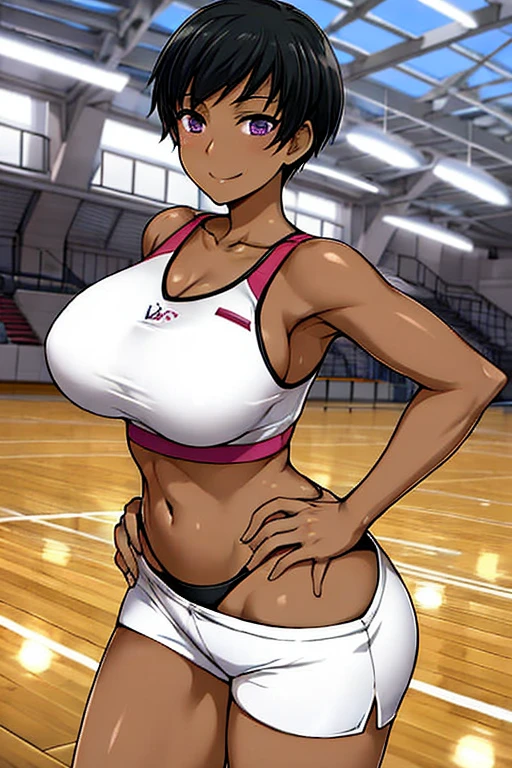 masterpiece, best quality, detailed eyes, detailed face, HUCharlotte, dark skin, large breasts, short hair, black hair, purple eyes, sports bra, bike shorts, gym, bleachers, basketball court, standing, hand on hip, indoors, curvy, smile,ass