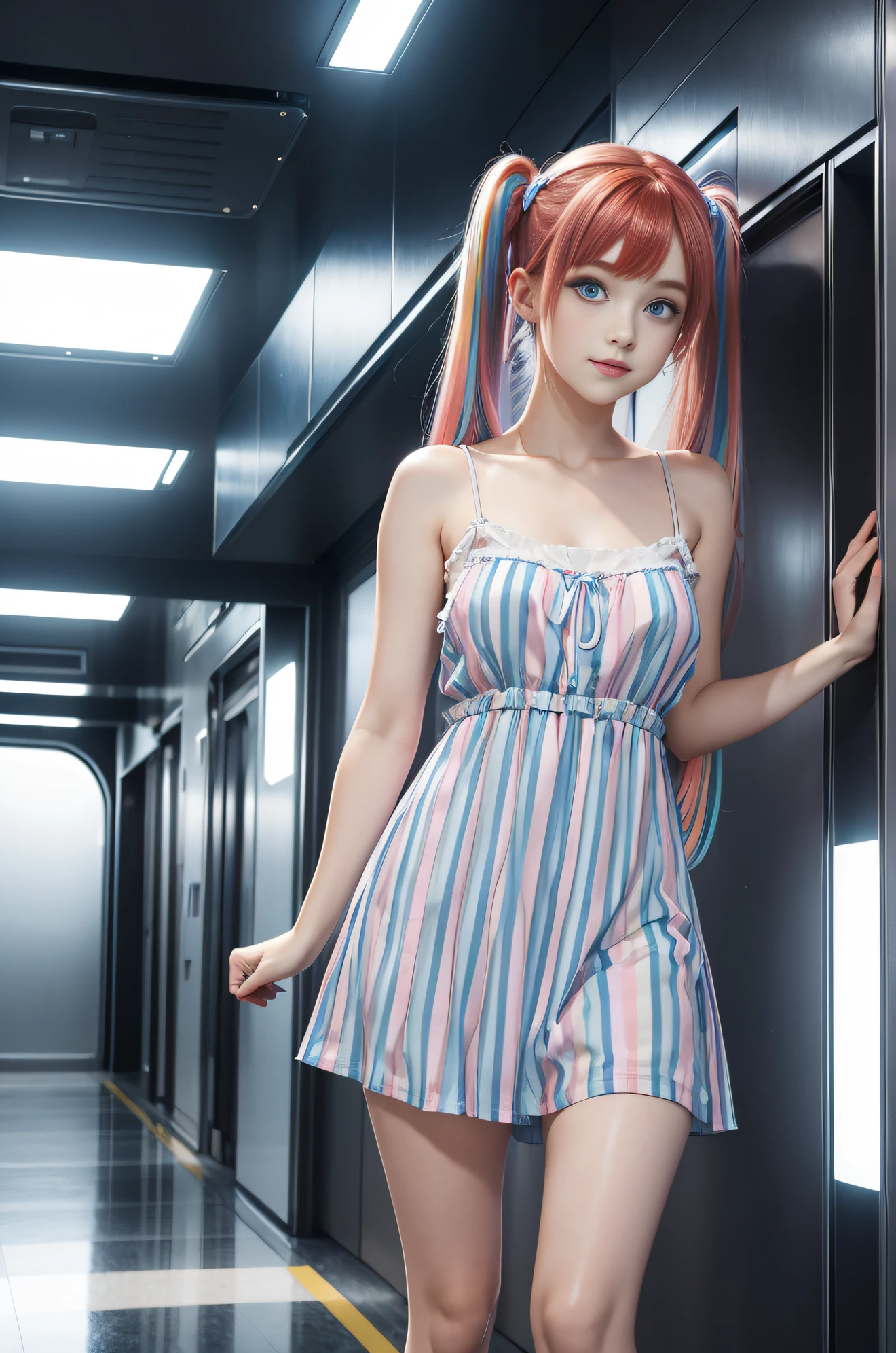 cute redhead with rainbow colored hair tips, ribbons in her hair, 18-year-old woman, happy, in twin tails, perfect symmetrical eyes, clear sparkling blue eyes, pale skin, silky smooth skin, standing on a fancy metal luxurious space ship, futuristic corridor, dark warm lighting, wearing a chemise over tank top and a pleated (chemise) mini dress (pastel colors and stripes), wearing full body pantyhose, cute short cut booties.