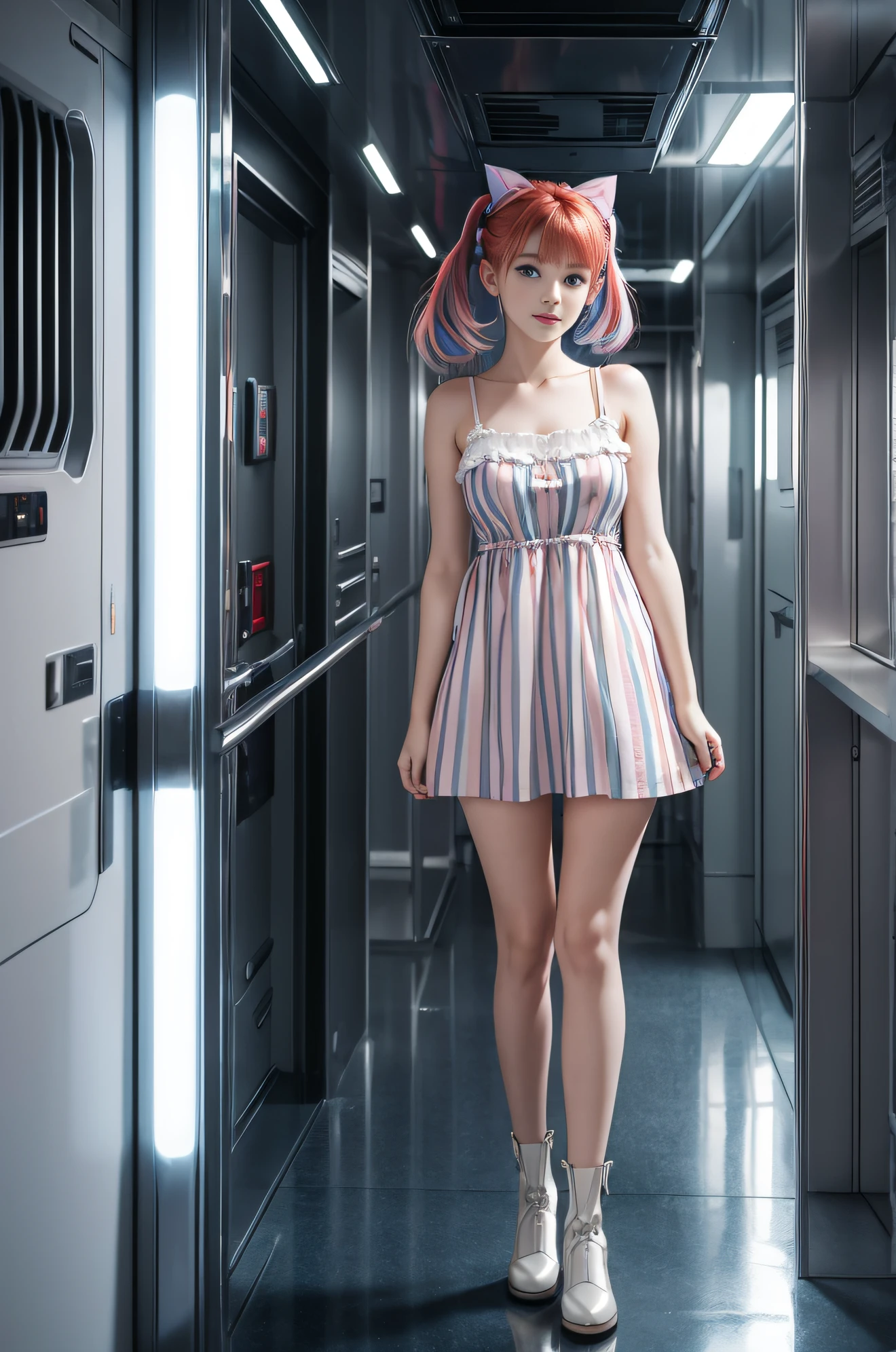 cute redhead with rainbow colored hair tips, ribbons in her hair, 18-year-old woman, happy, in twin tails, perfect symmetrical eyes, clear sparkling blue eyes, pale skin, silky smooth skin, standing on a fancy metal luxurious space ship, futuristic corridor, dark warm lighting, wearing a chemise over tank top and a pleated (chemise) mini dress (pastel colors and stripes), wearing full body pantyhose, cute short cut booties.